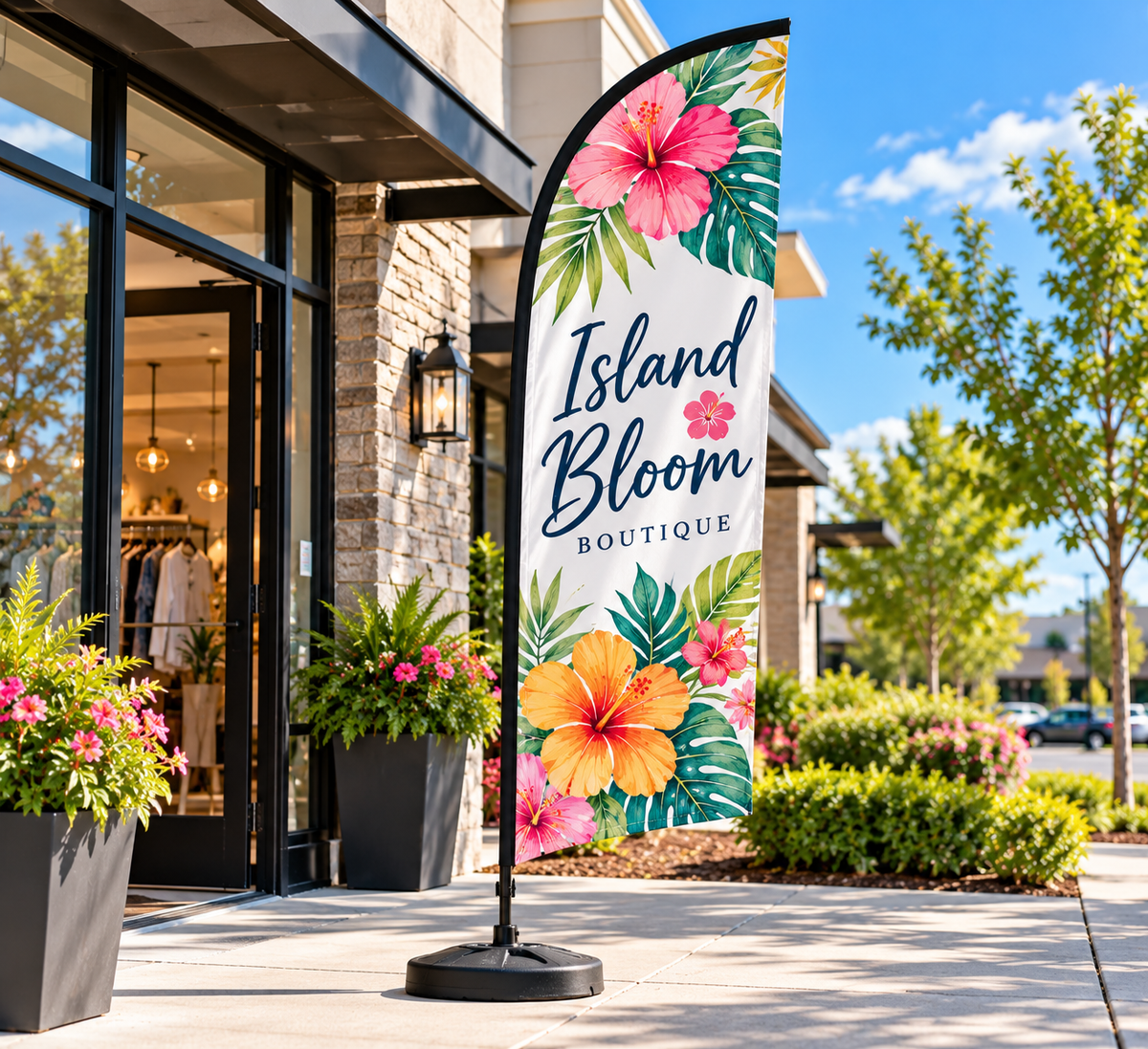 Custom Feather Flag featuring Island Bloom Boutique tropical florals on white with pink hibiscus, on a black base.