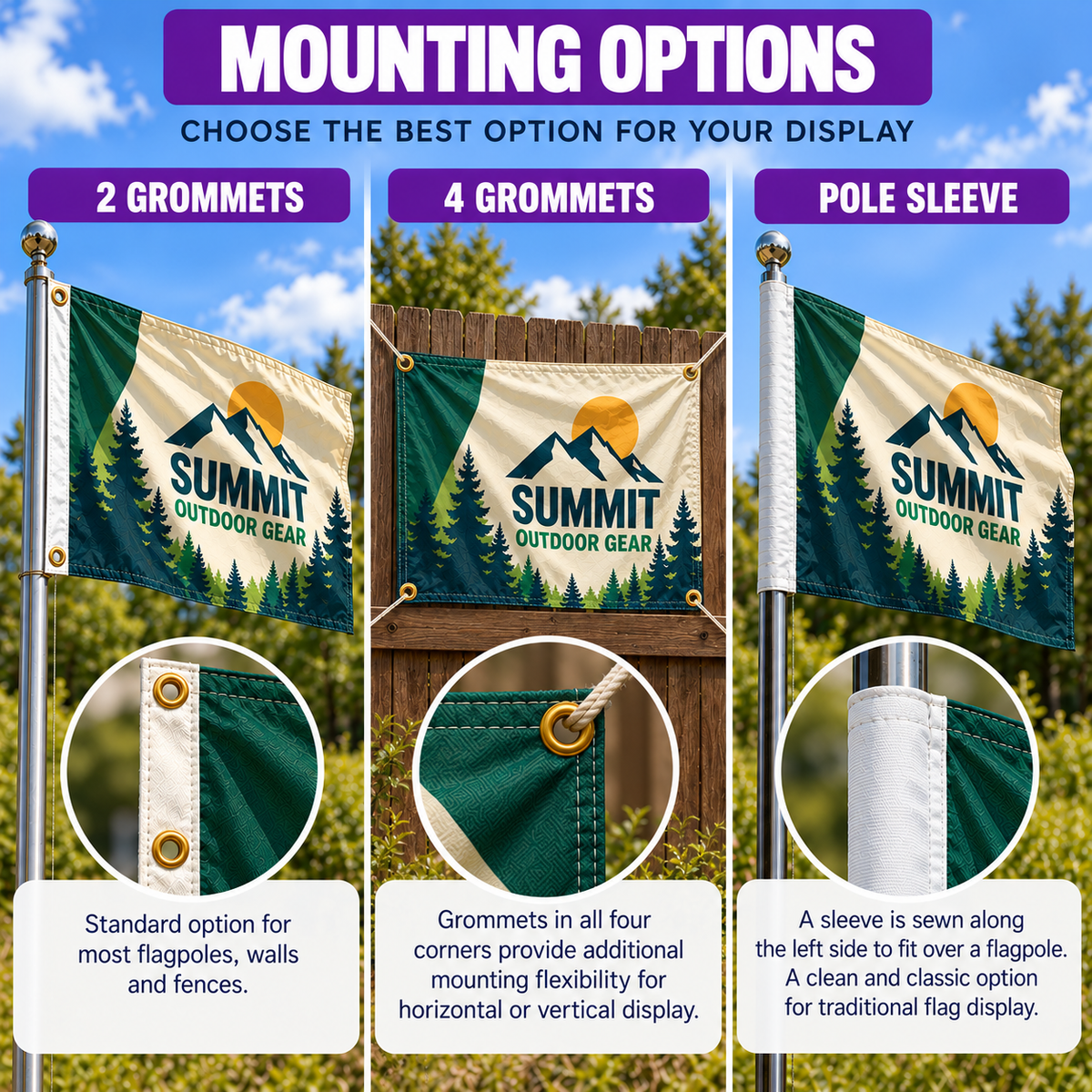 Custom Flags house flag featuring Summit Outdoor Gear design; shows 2 grommets, 4 grommets, and a pole sleeve.