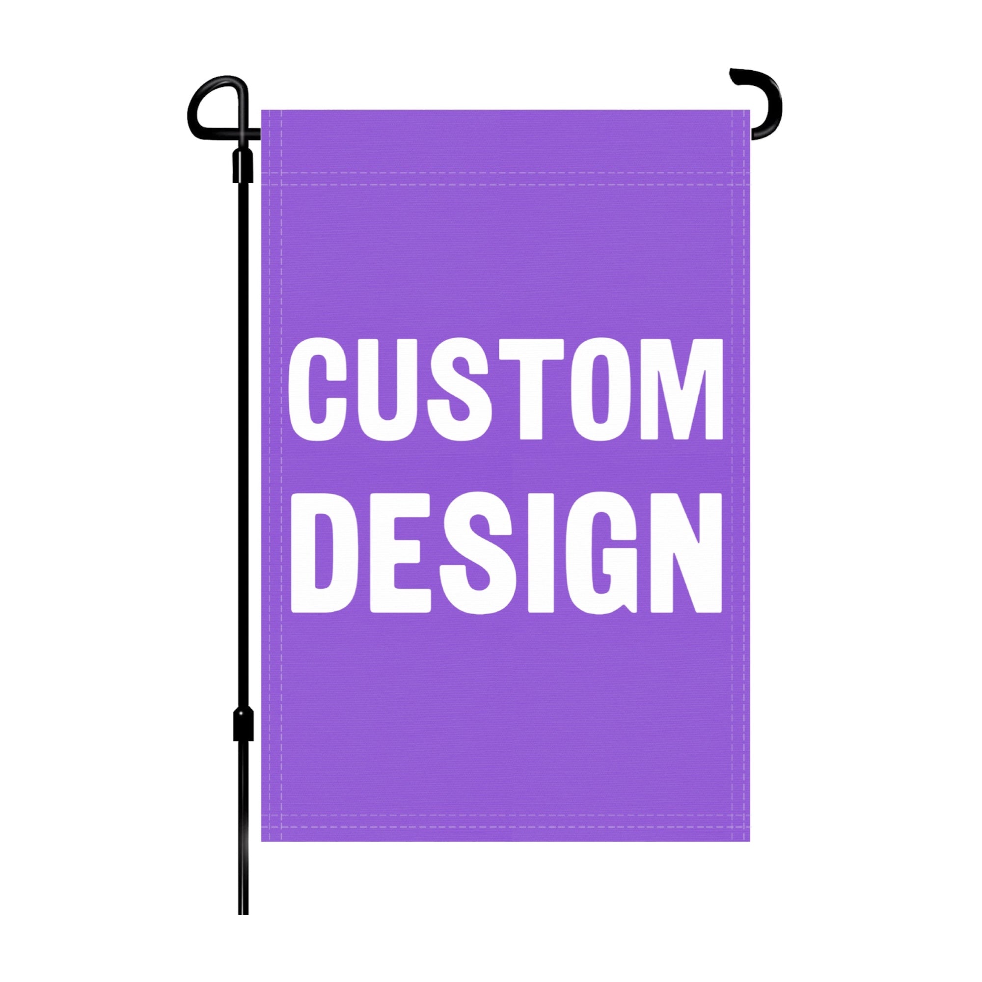 Custom garden flag with 'CUSTOM DESIGN' text on a white background