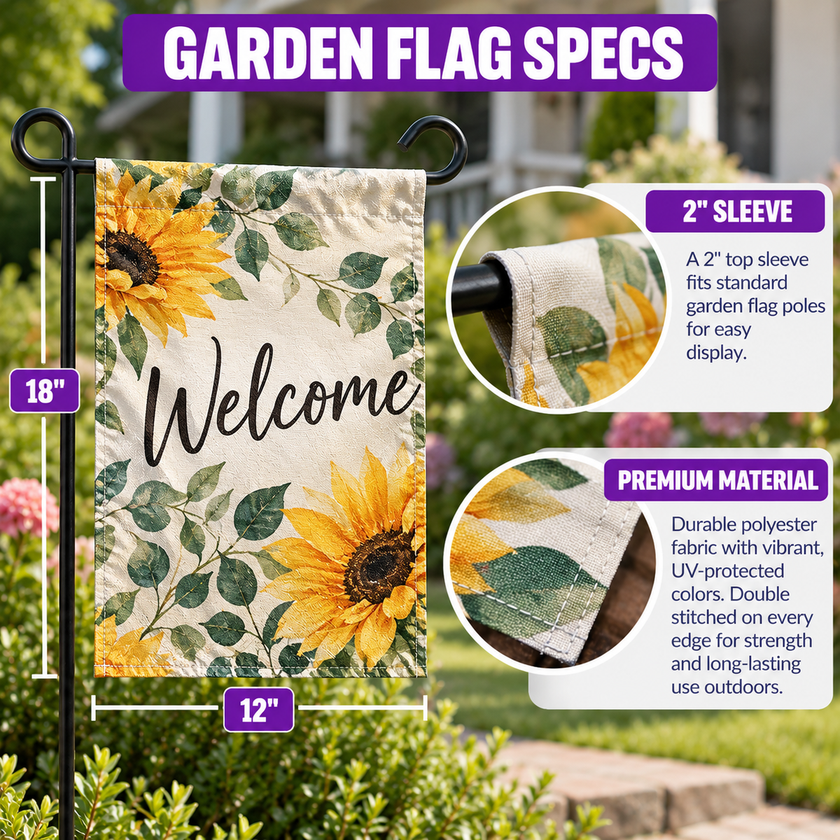 Custom Garden Flag by Bannerfi; sunflower and greenery design with Welcome, 18x12 inch flag with 2-inch top sleeve.