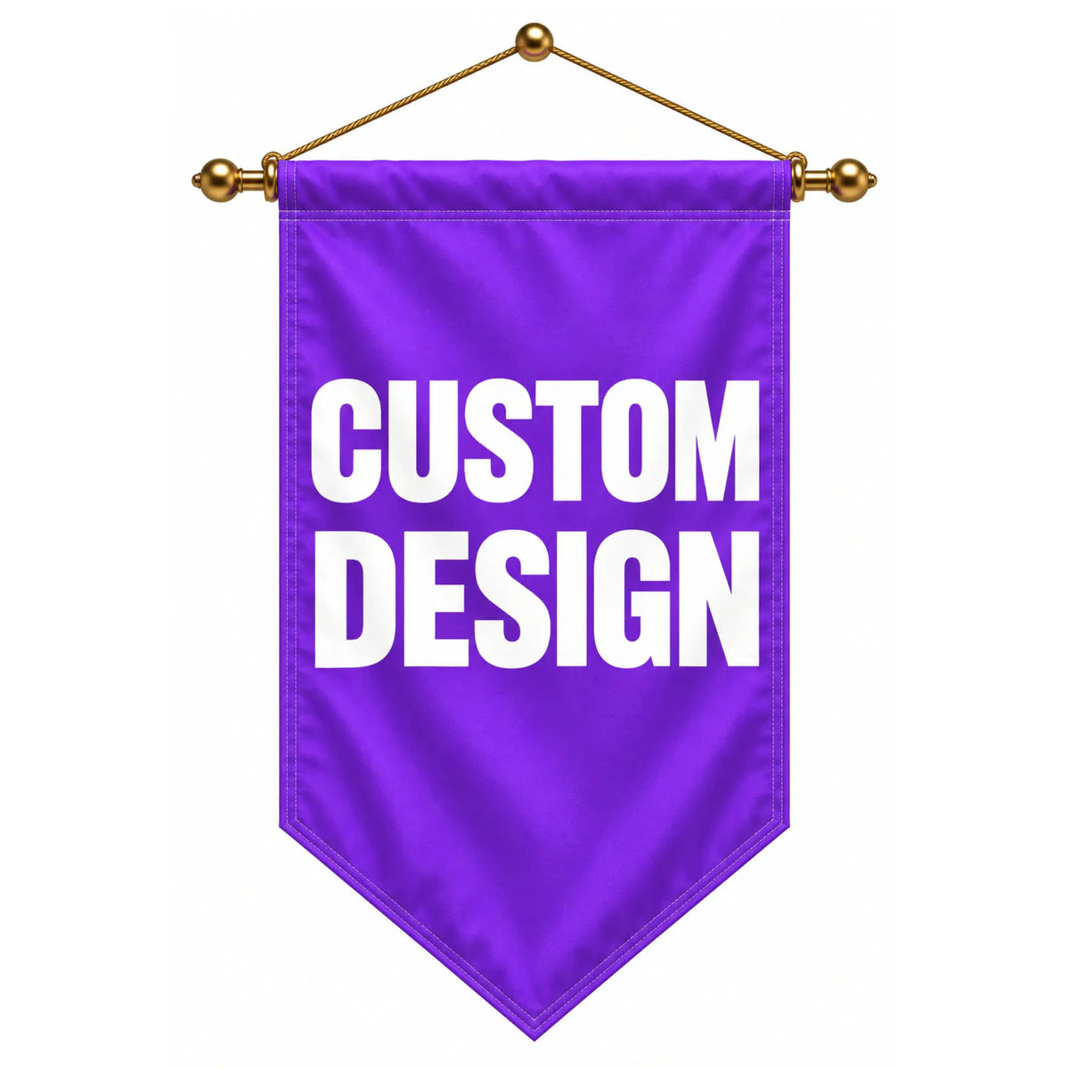 Custom gonfalon flag, purple with bold white CUSTOM DESIGN text, hung from gold rod and cord.