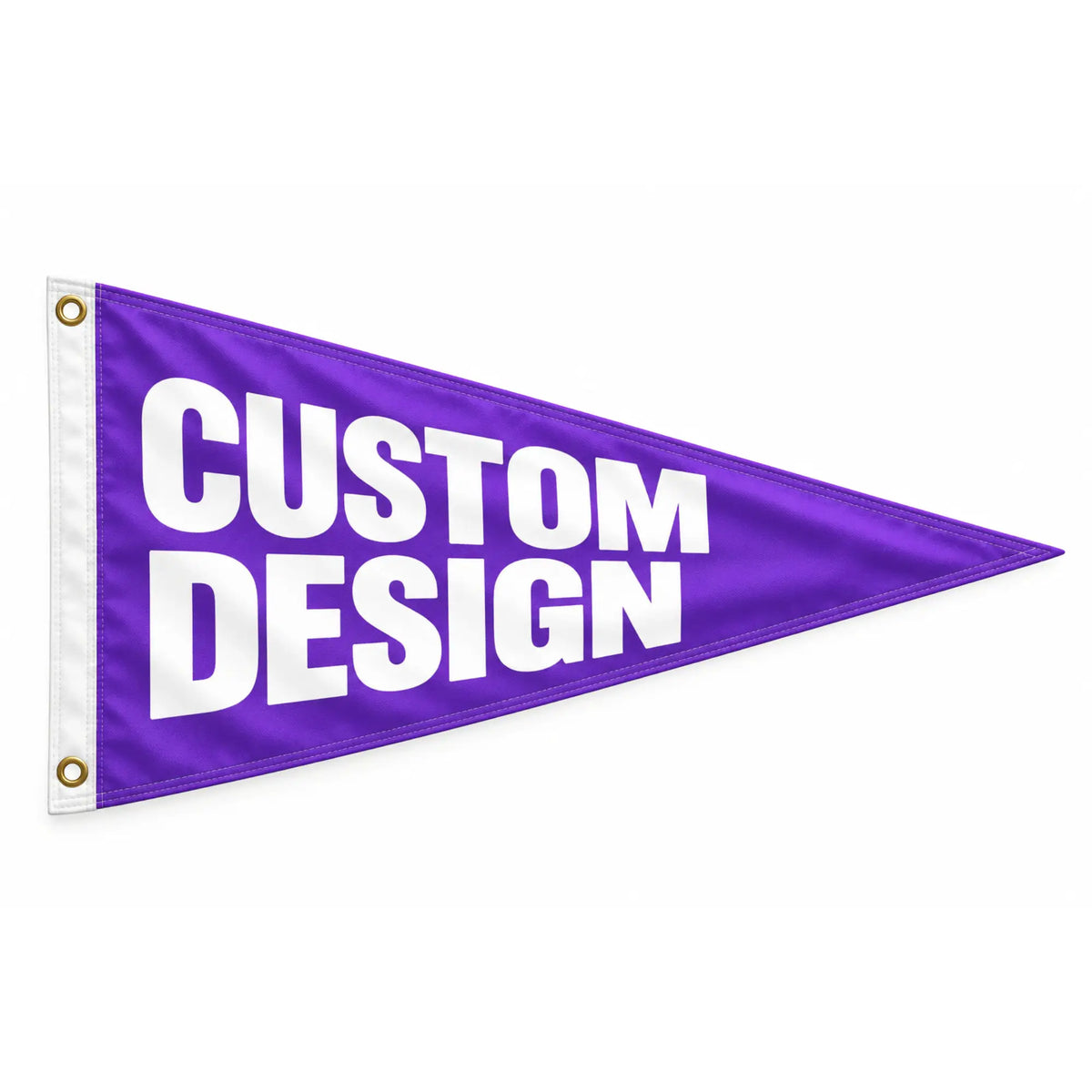 Custom Pennant Flag, purple with bold white CUSTOM DESIGN text and white hoist edge with grommets.