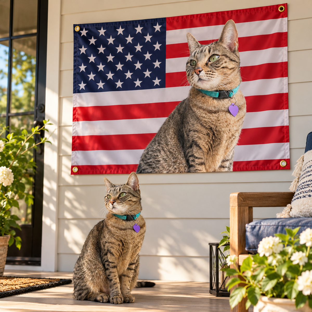 House flag with a custom pet photo on an American flag background; two cats with teal collars sit on a porch.