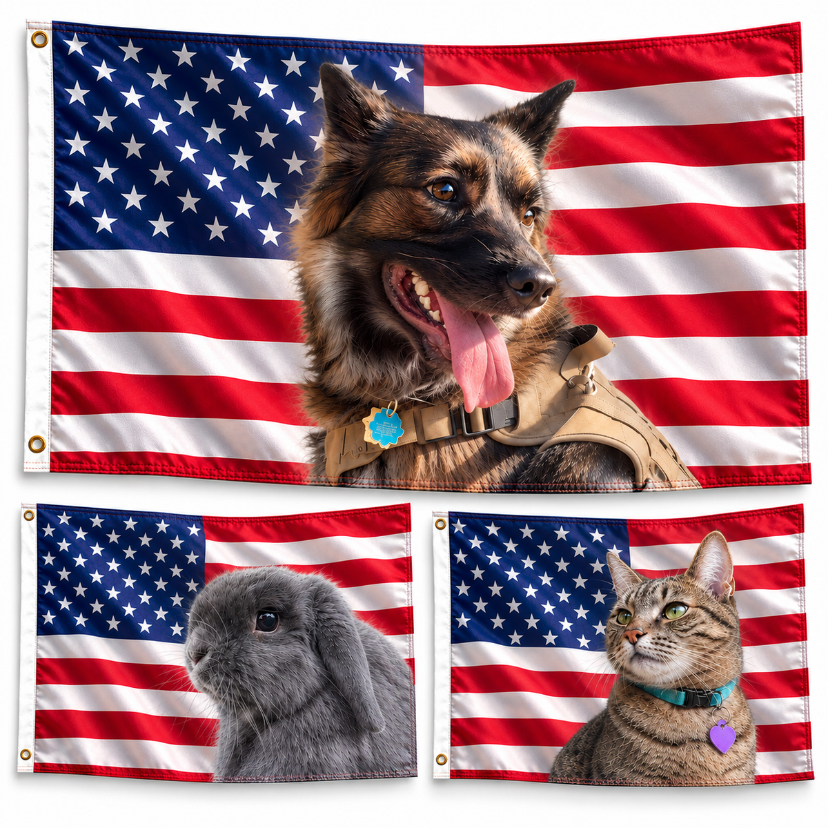 Bannerfi Custom Pet Photo American Flag house flags set of three with a dog in a vest, a rabbit, and a cat on USA flags.