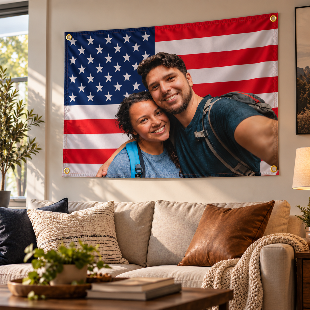 Custom Photo American Flag House Flag on living room wall with gold grommets, Bannerfi