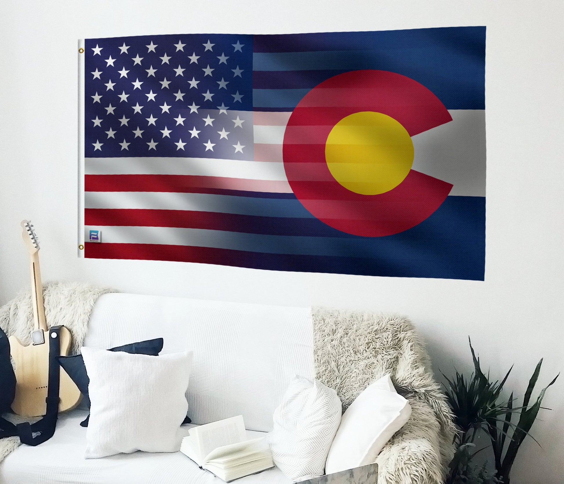 a living room with a guitar and a flag on the wall