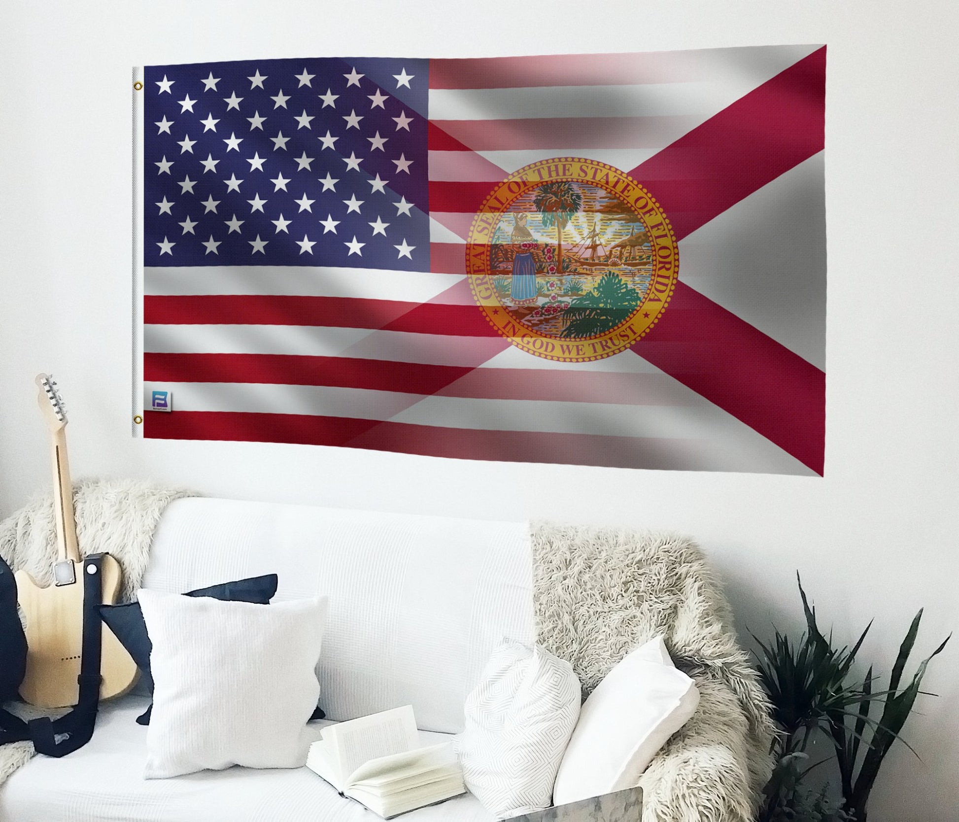 a living room with a guitar and a flag on the wall