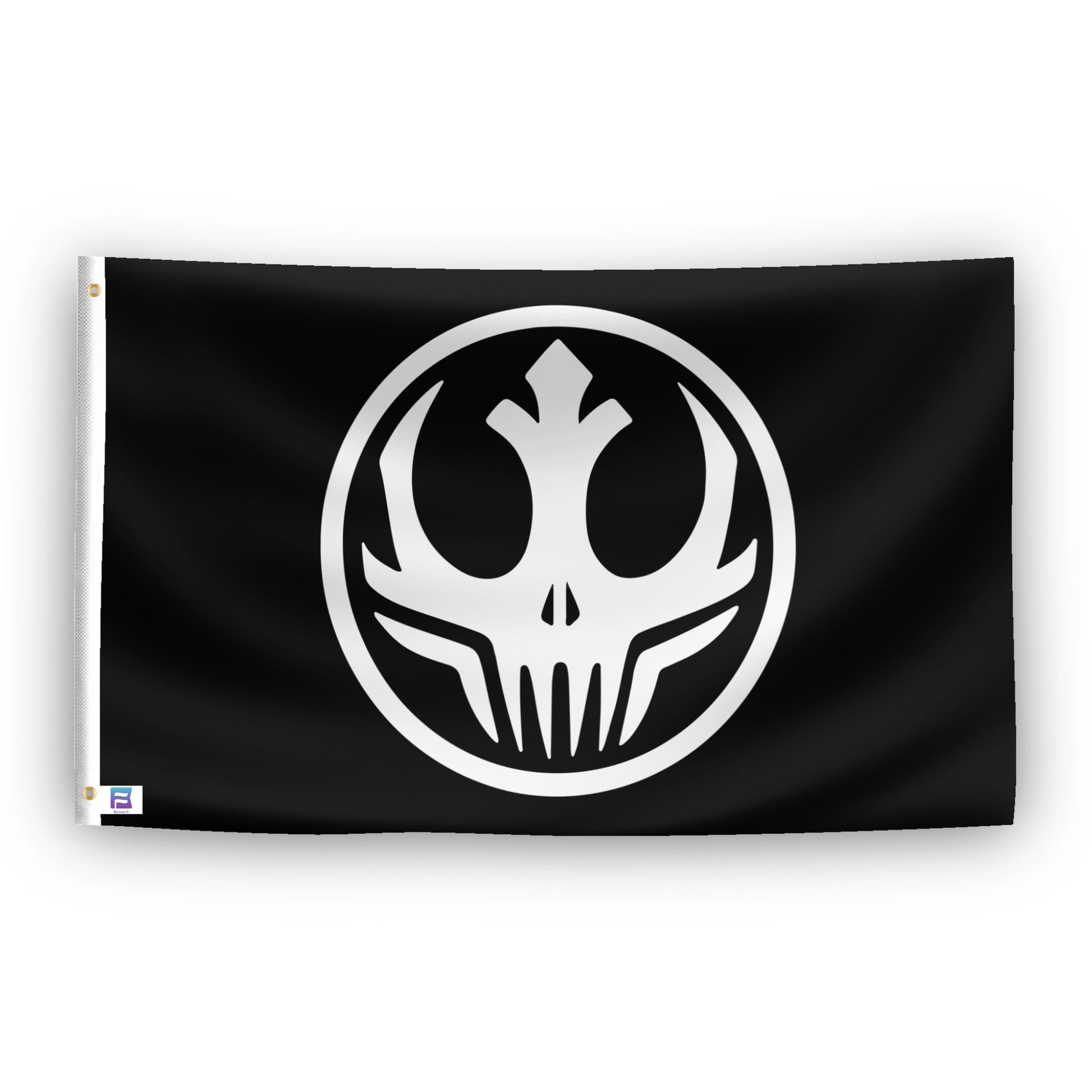 A flag with the theme "Star Wars Dark Side Alliance", displayed with two brass grommets reinforced with a white canvas header.