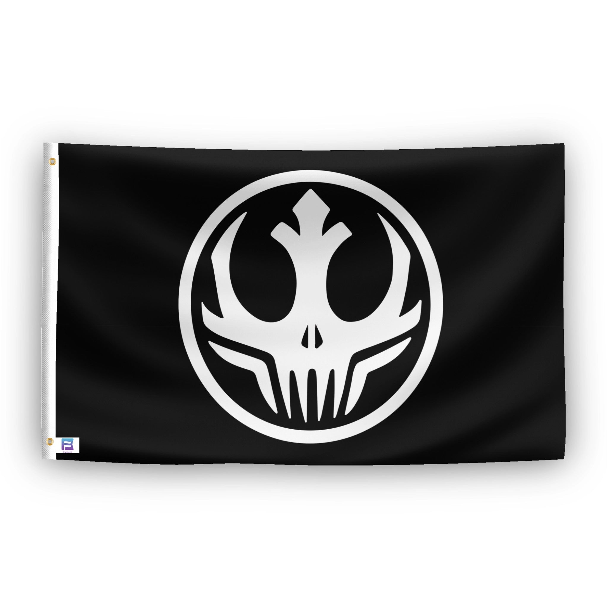 A flag with the theme "Star Wars Dark Side Alliance", displayed with two brass grommets reinforced with a white canvas header.