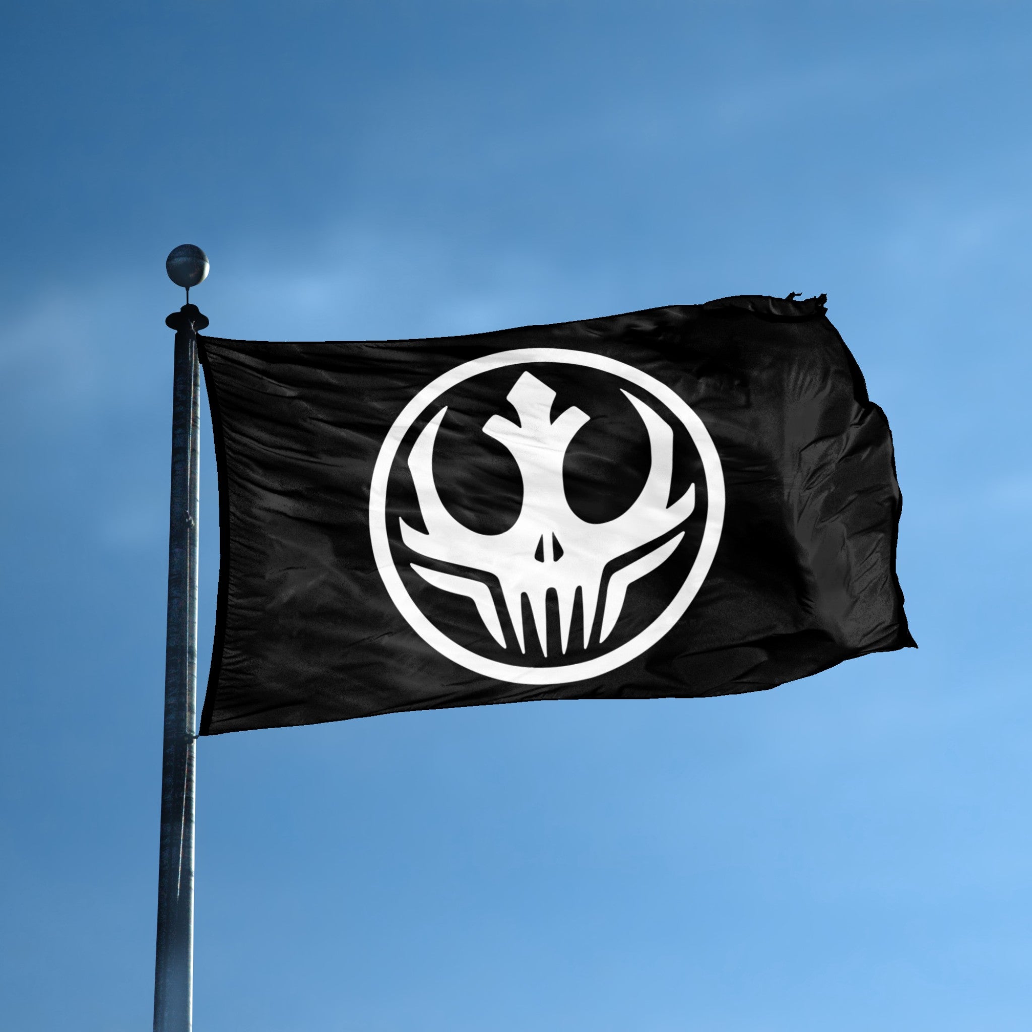 A flag with the theme "Star Wars Dark Side Alliance" displayed on a tall flag pole and blue skies.
