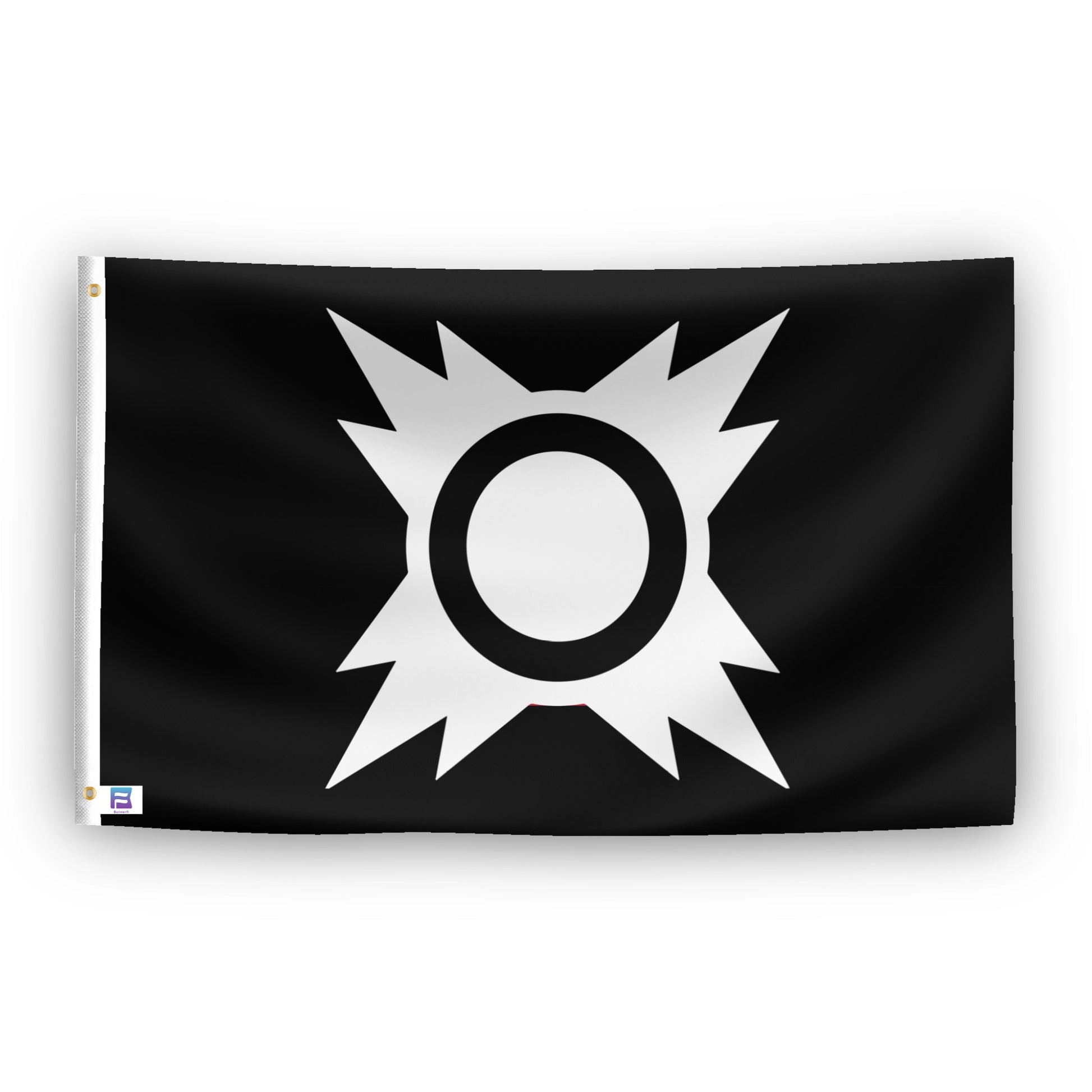 A flag with the theme "Star Wars Sith Quad Sun", displayed with two brass grommets reinforced with a white canvas header.