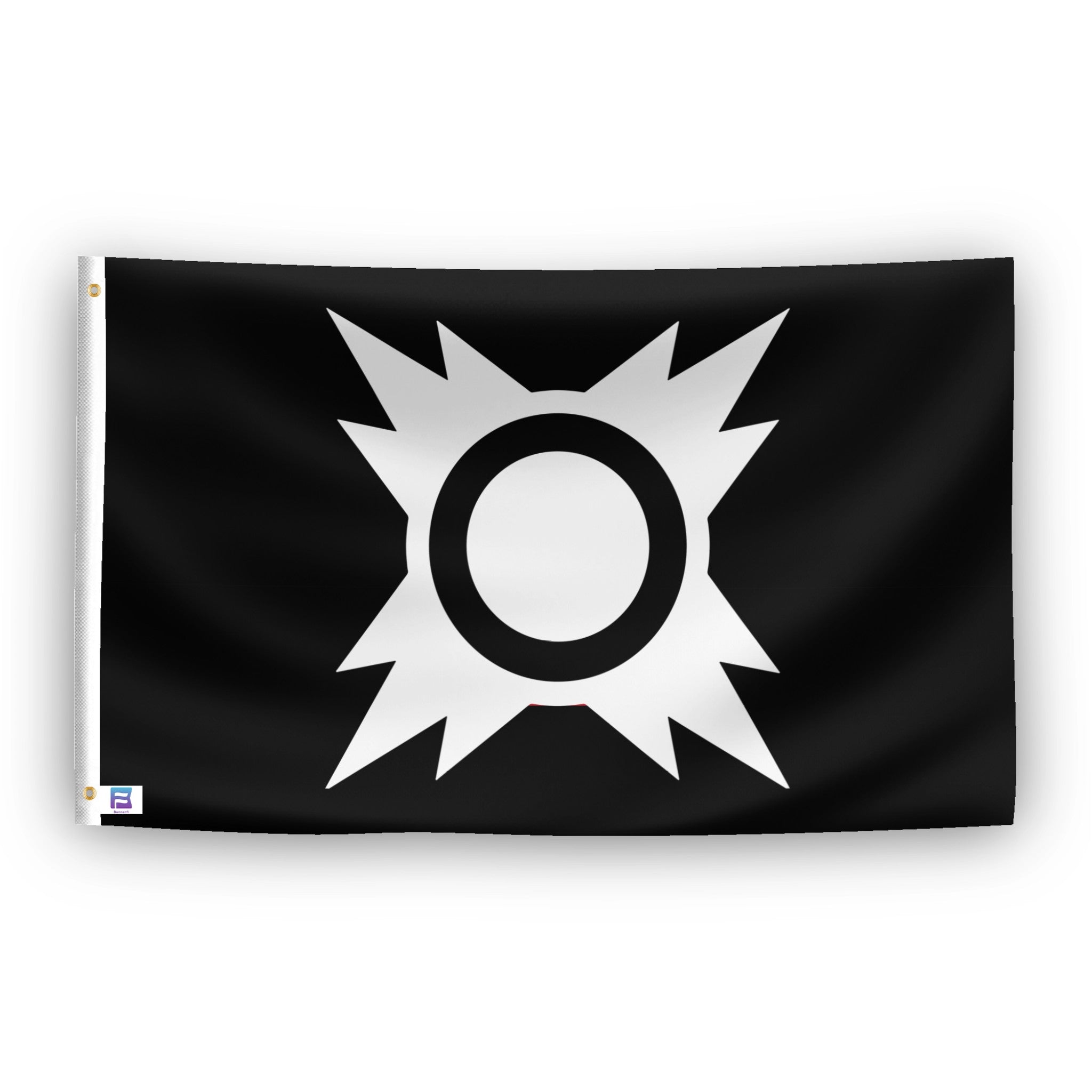 A flag with the theme "Star Wars Sith Quad Sun", displayed with two brass grommets reinforced with a white canvas header.