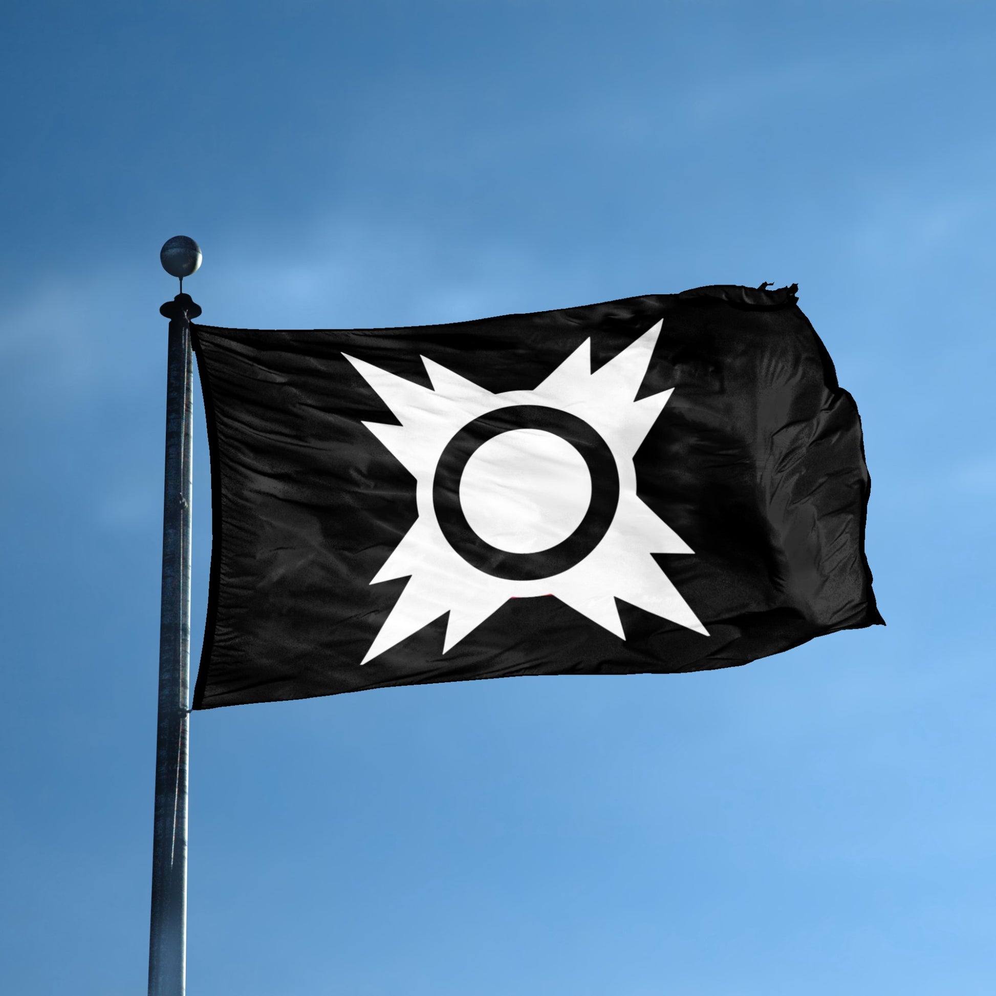 A flag with the theme "Star Wars Sith Quad Sun" displayed on a tall flag pole and blue skies.