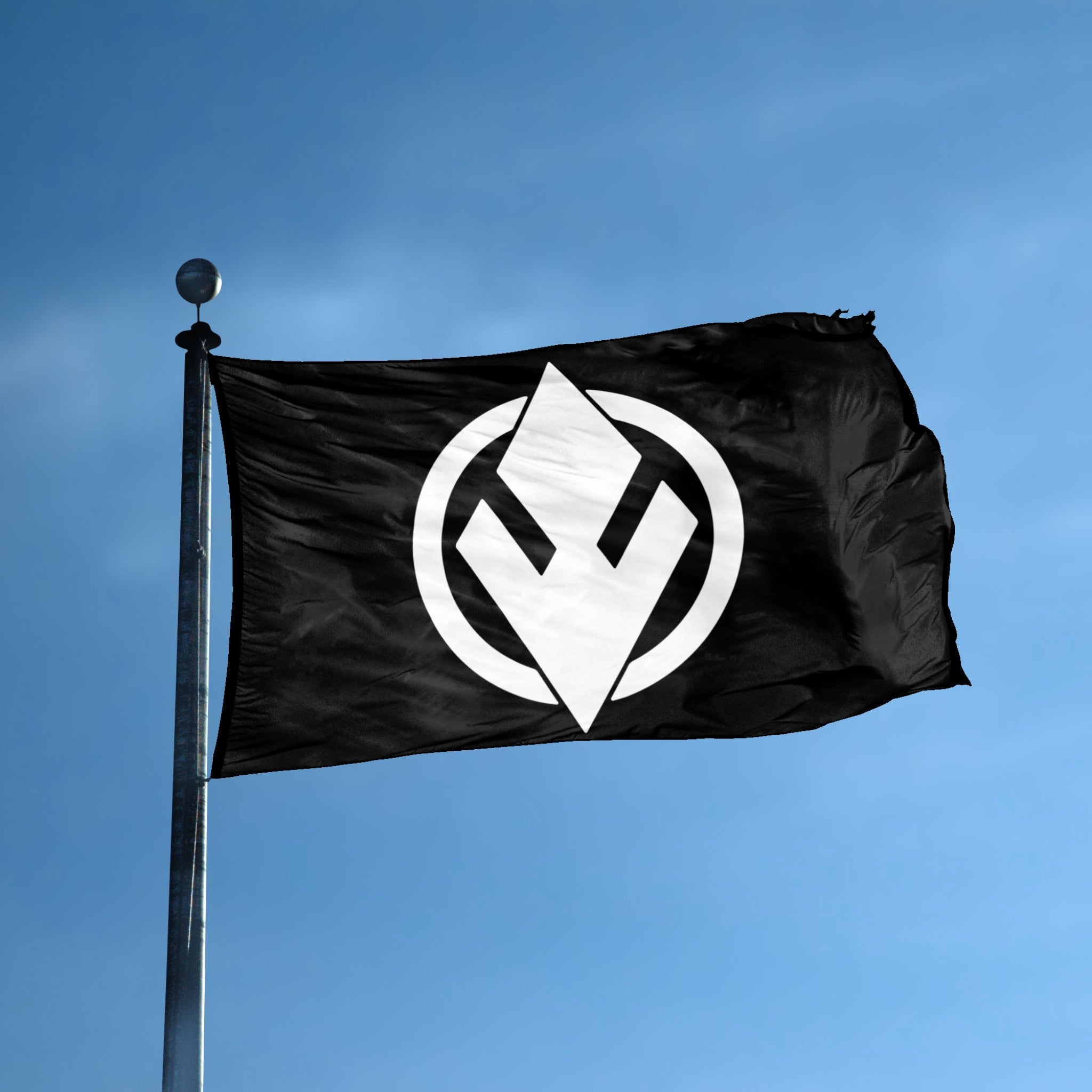 A flag with the theme "Star Wars Sith Eternal" displayed on a tall flag pole and blue skies.