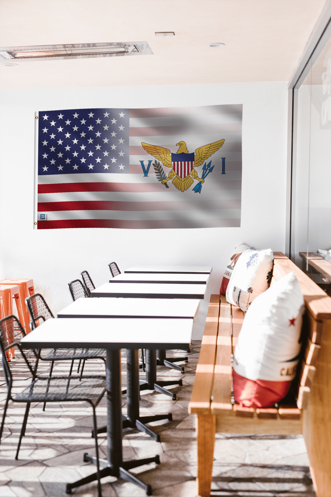 a room with a flag hanging on the wall