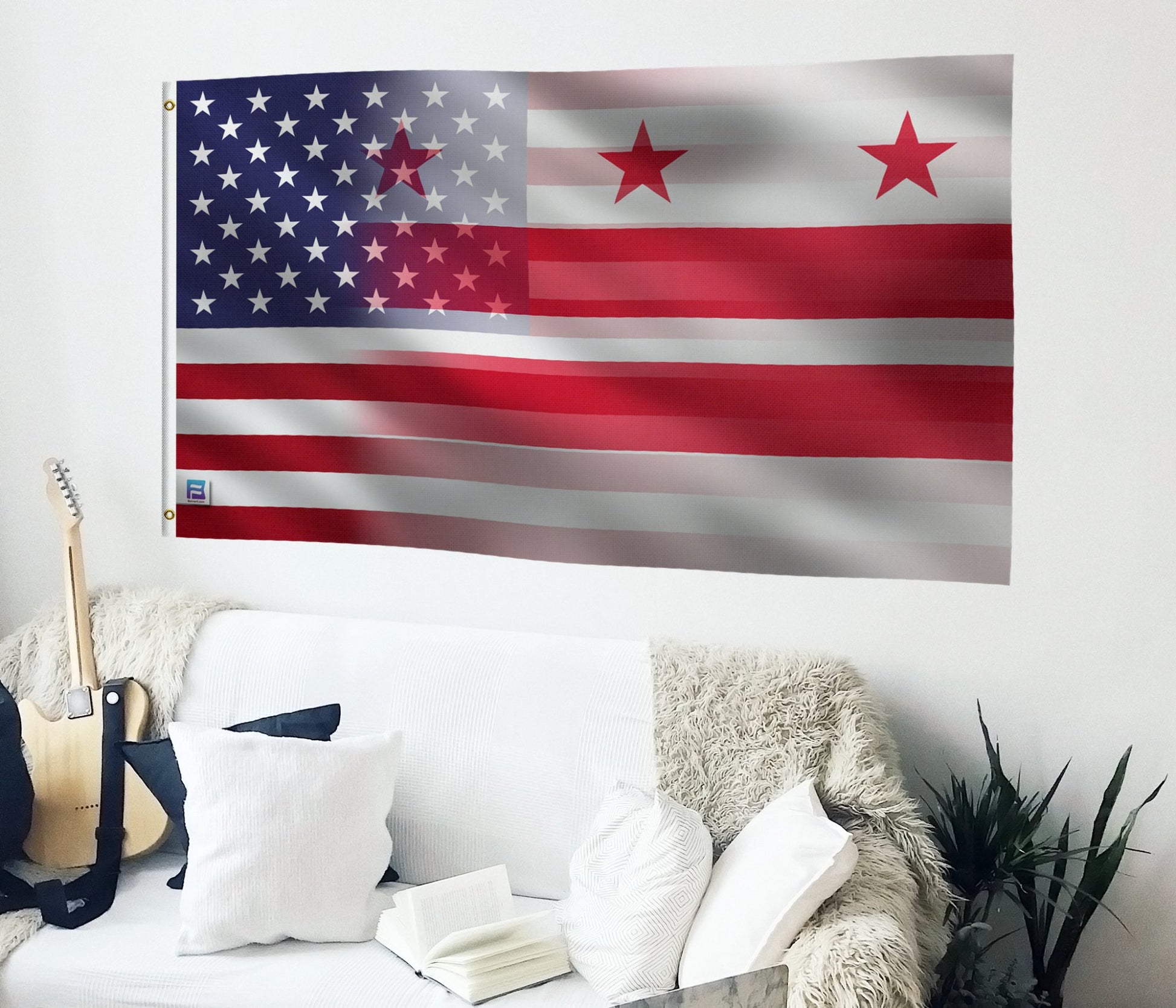 a living room with a guitar and a flag on the wall