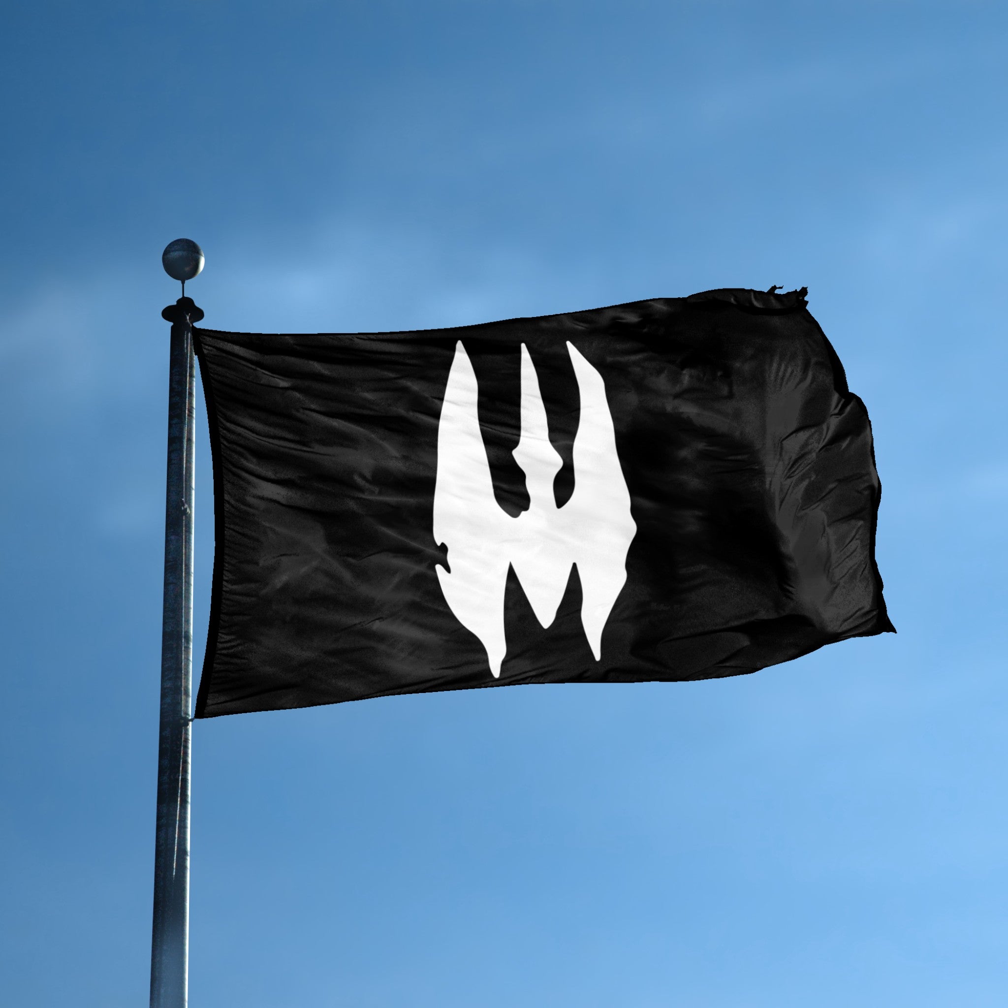 A flag with the theme "Star Wars Death Watch" displayed on a tall flag pole and blue skies.