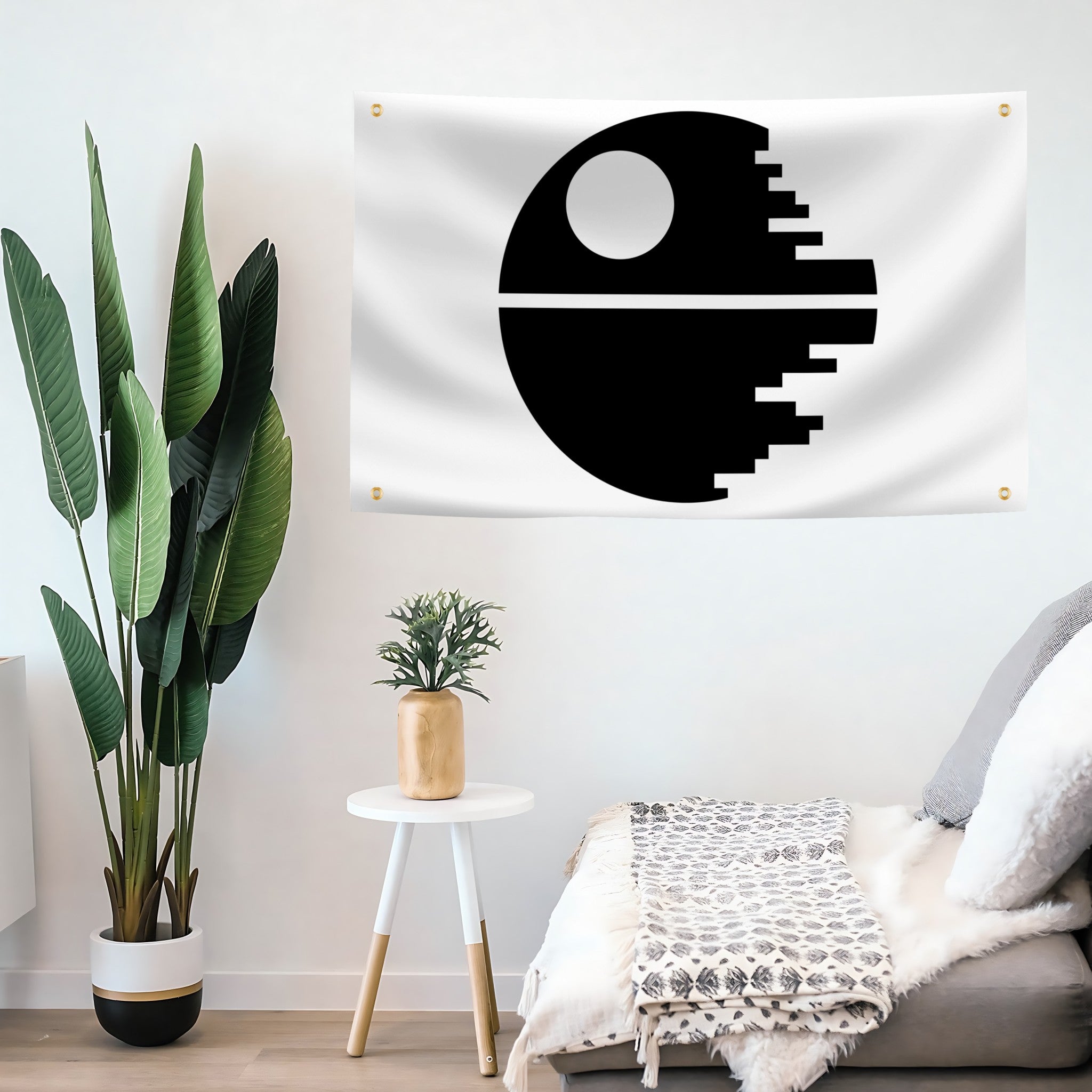 Star Wars Death Star Flag banner (White) with 4 grommets mounted on a wall - Flags by Bannerfi