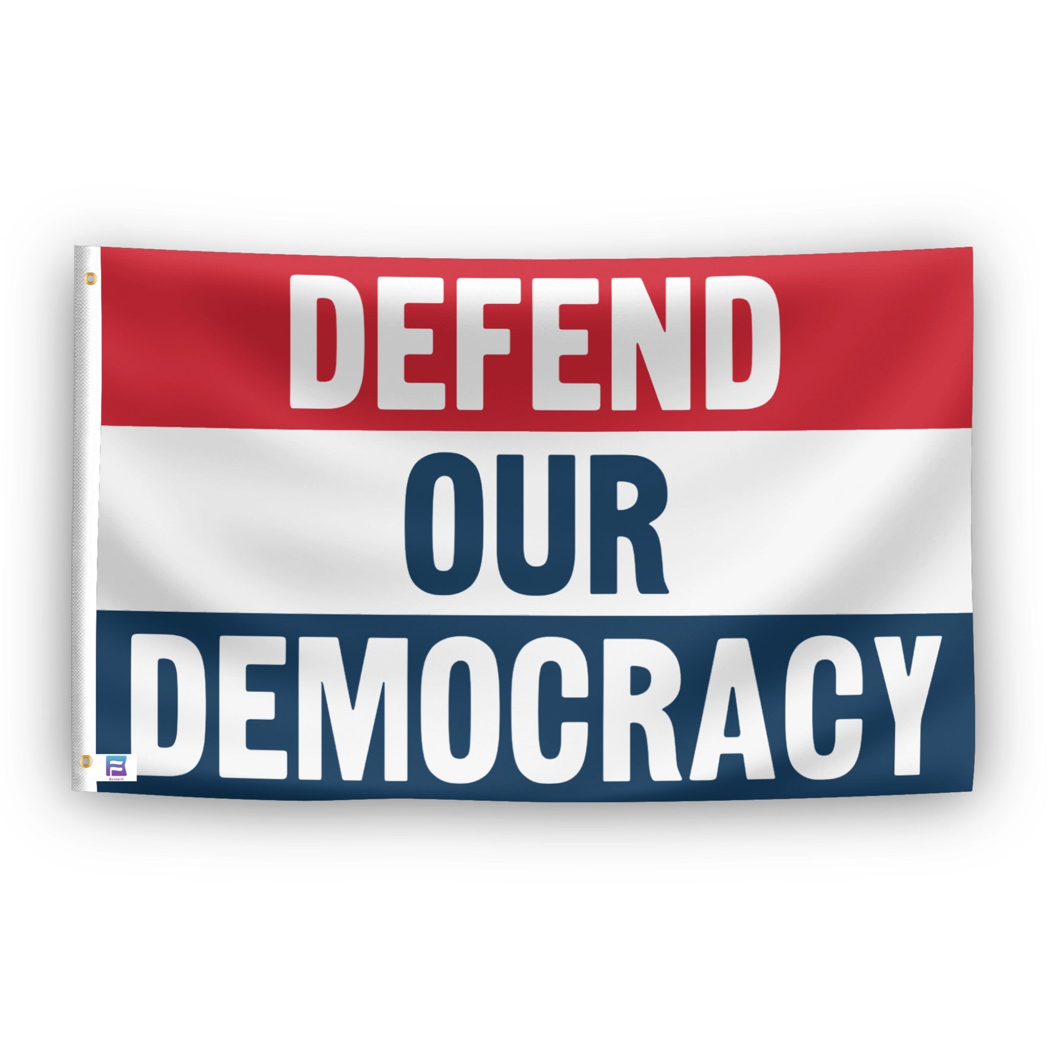 Defend Our Democracy flag – weatherproof polyester with brass grommets and canvas header | Bannerfi