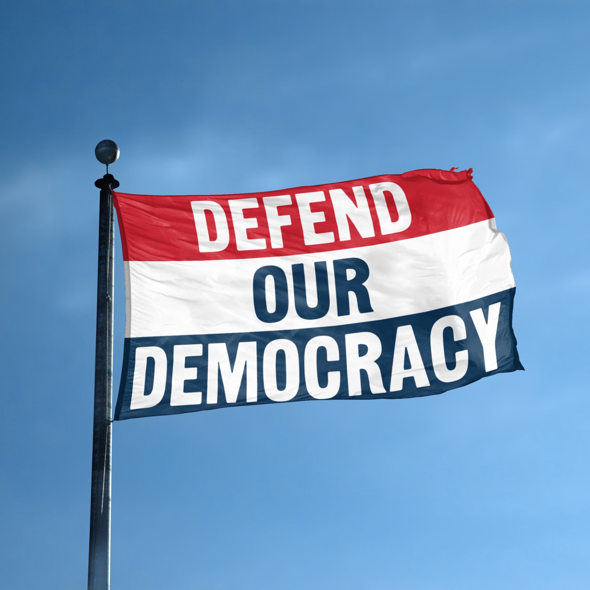 Defend Our Democracy flag displayed outdoors – weatherproof house banner on pole | Bannerfi