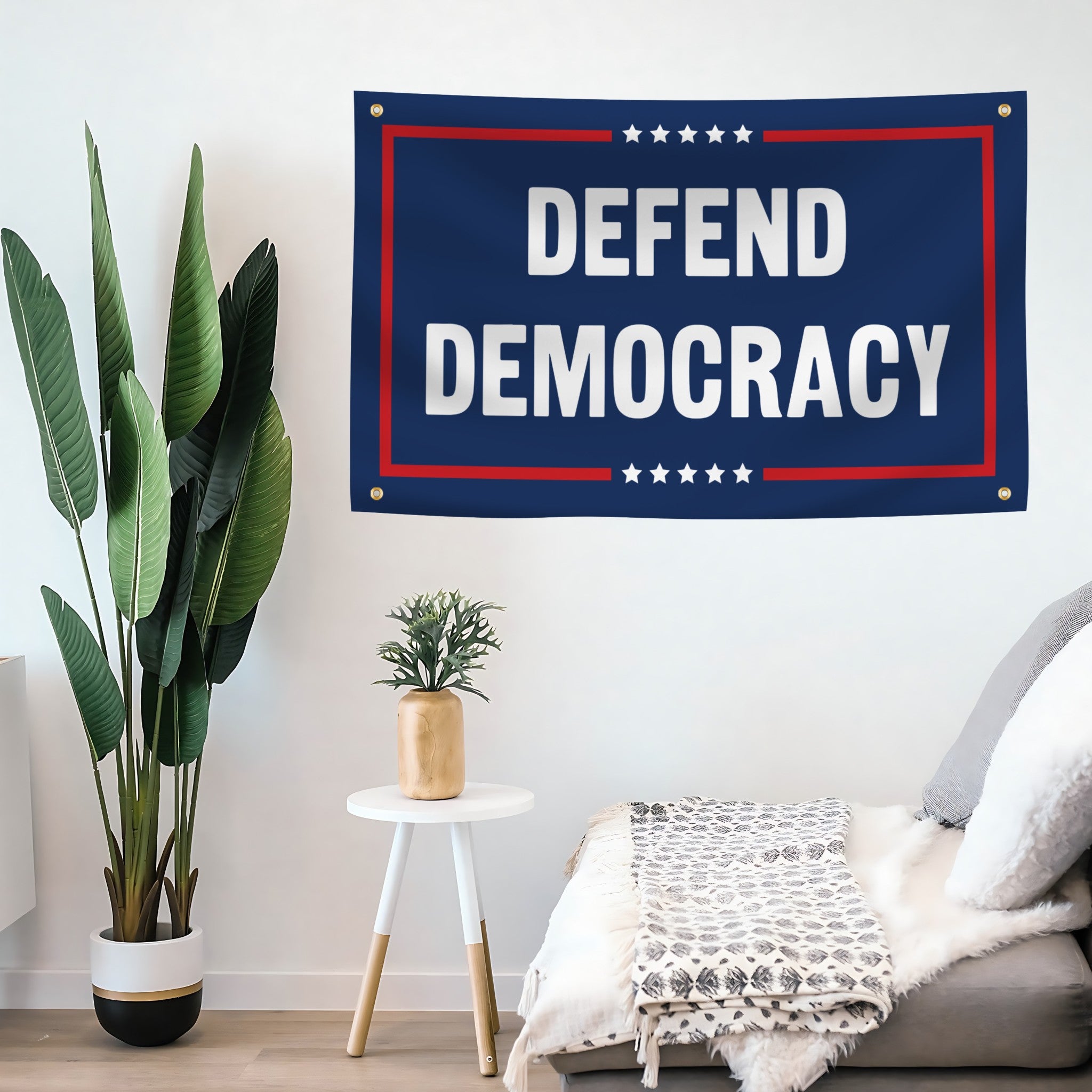 Banner with 'Defend Democracy' text in a room with plants and furniture.