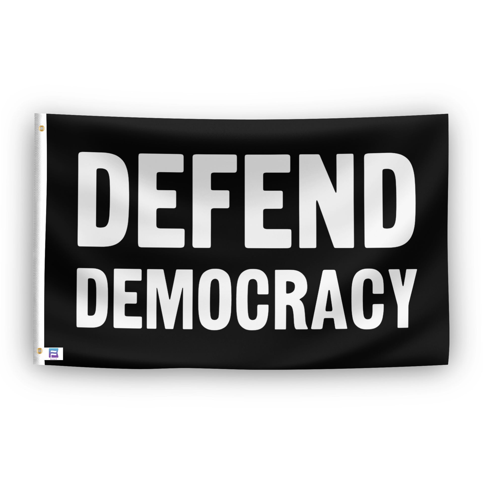 Black flag with 'DEFEND DEMOCRACY' text on a white background