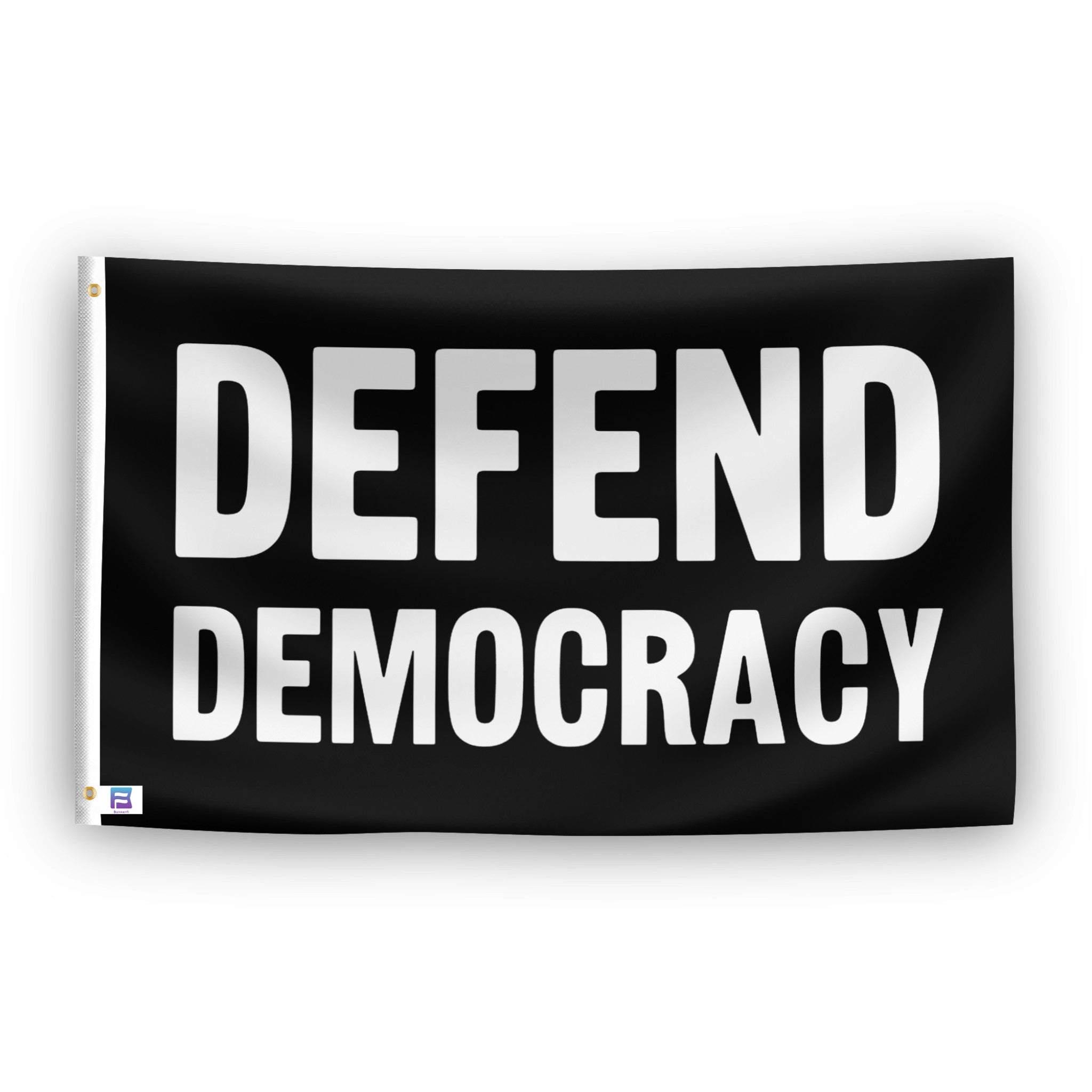 Black flag with 'DEFEND DEMOCRACY' text on a white background