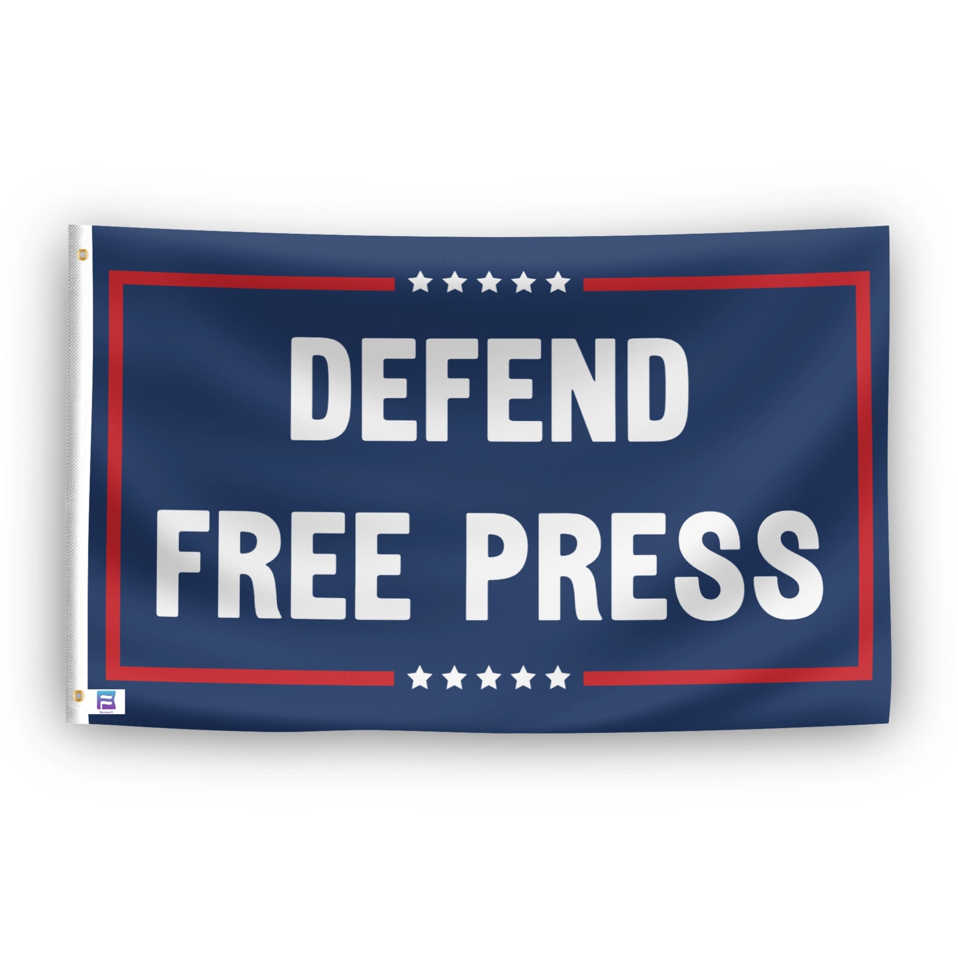 Flag with 'Defend Free Press' text on a blue background