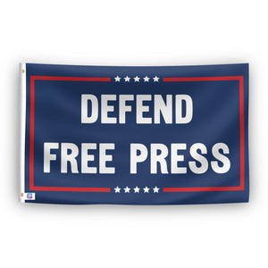 Flag with 'Defend Free Press' text on a blue background