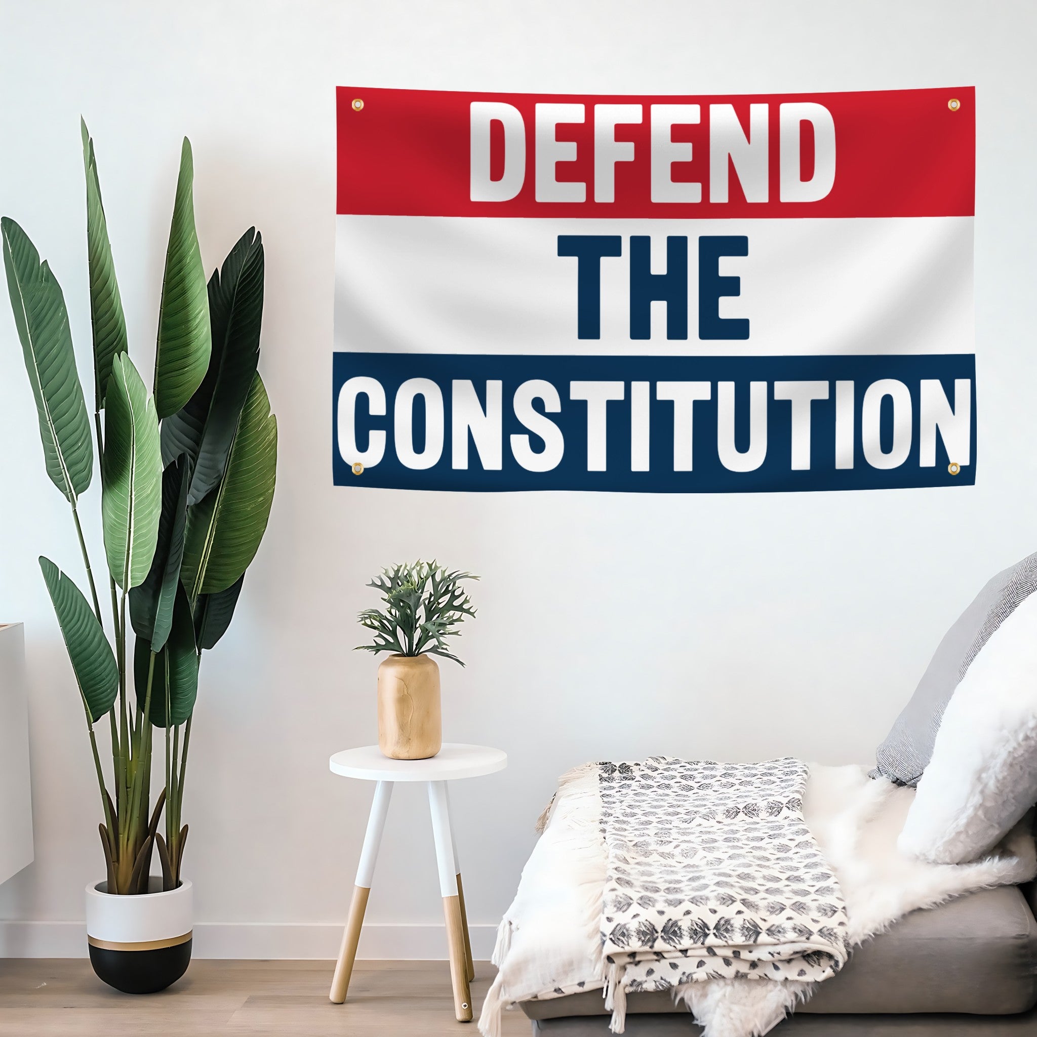 Banner with 'Defend the Constitution' text in a room with plants and furniture.