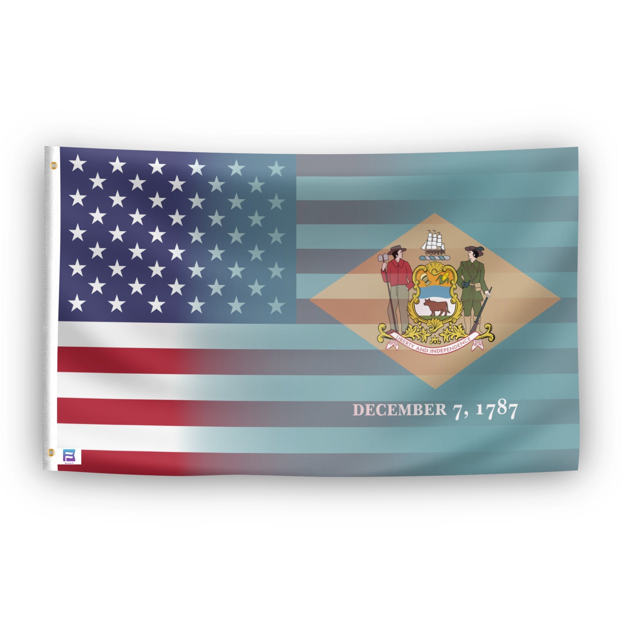 Flag with American stars and stripes and Delaware state symbols. 