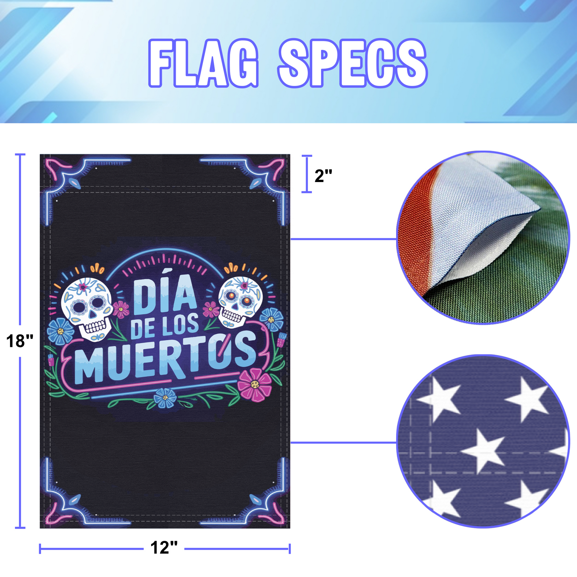 Dream On garden flag size specifications, showing 12 inch width by 18 inch height and a 2 inch pole sleeve for a standard garden flagpole.