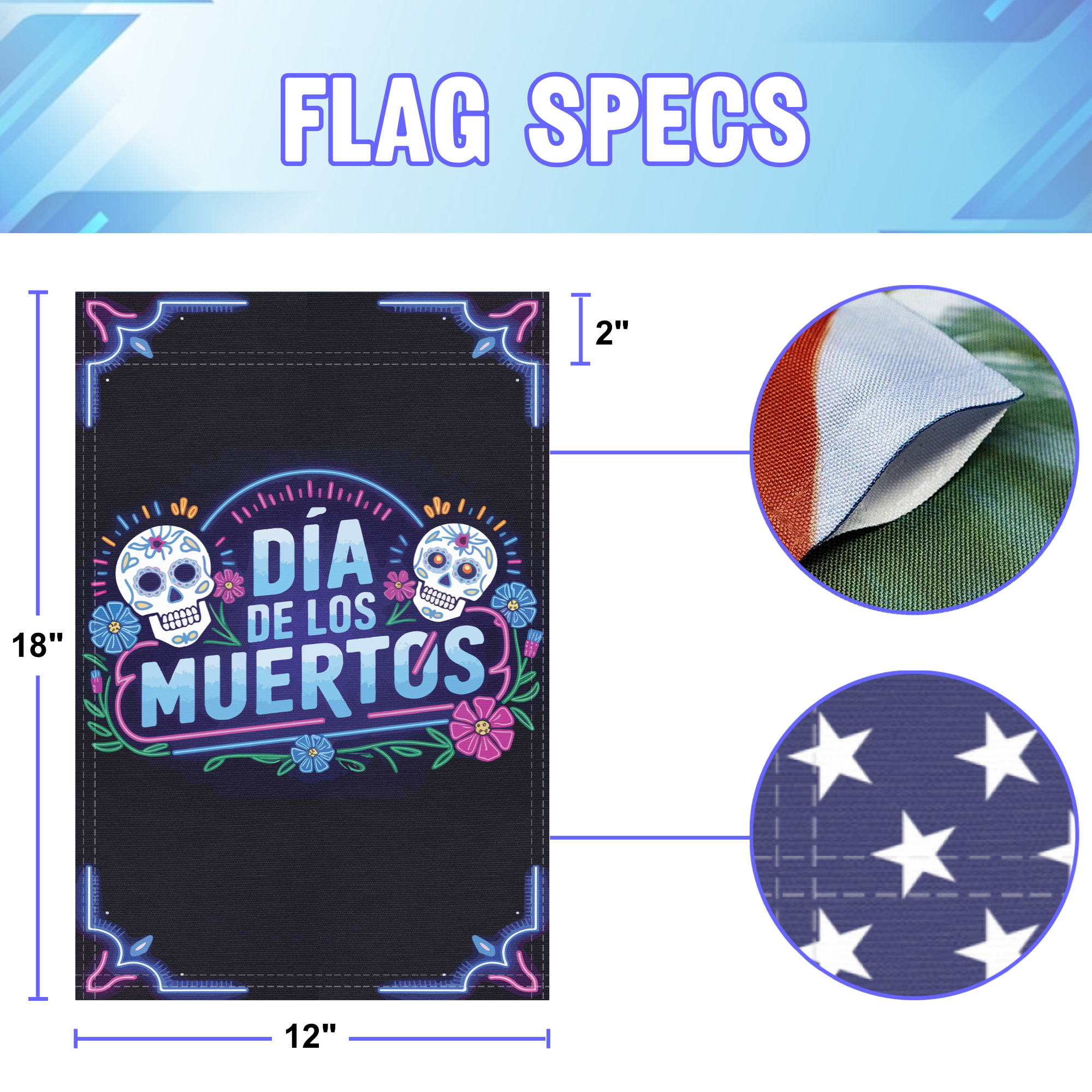 Dream On garden flag size specifications, showing 12 inch width by 18 inch height and a 2 inch pole sleeve for a standard garden flagpole.