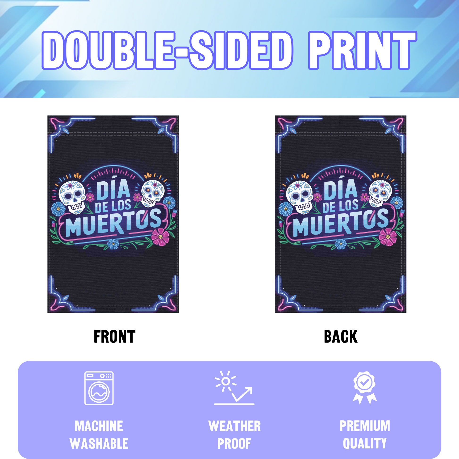 Dream On garden flag displayed in an infographic, showing the double sided print and high quality characteristics | Bannerfi