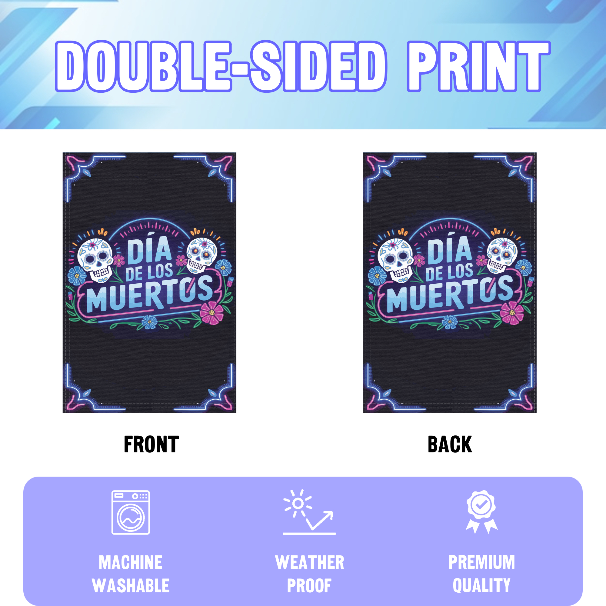 Dream On garden flag displayed in an infographic, showing the double sided print and high quality characteristics | Bannerfi