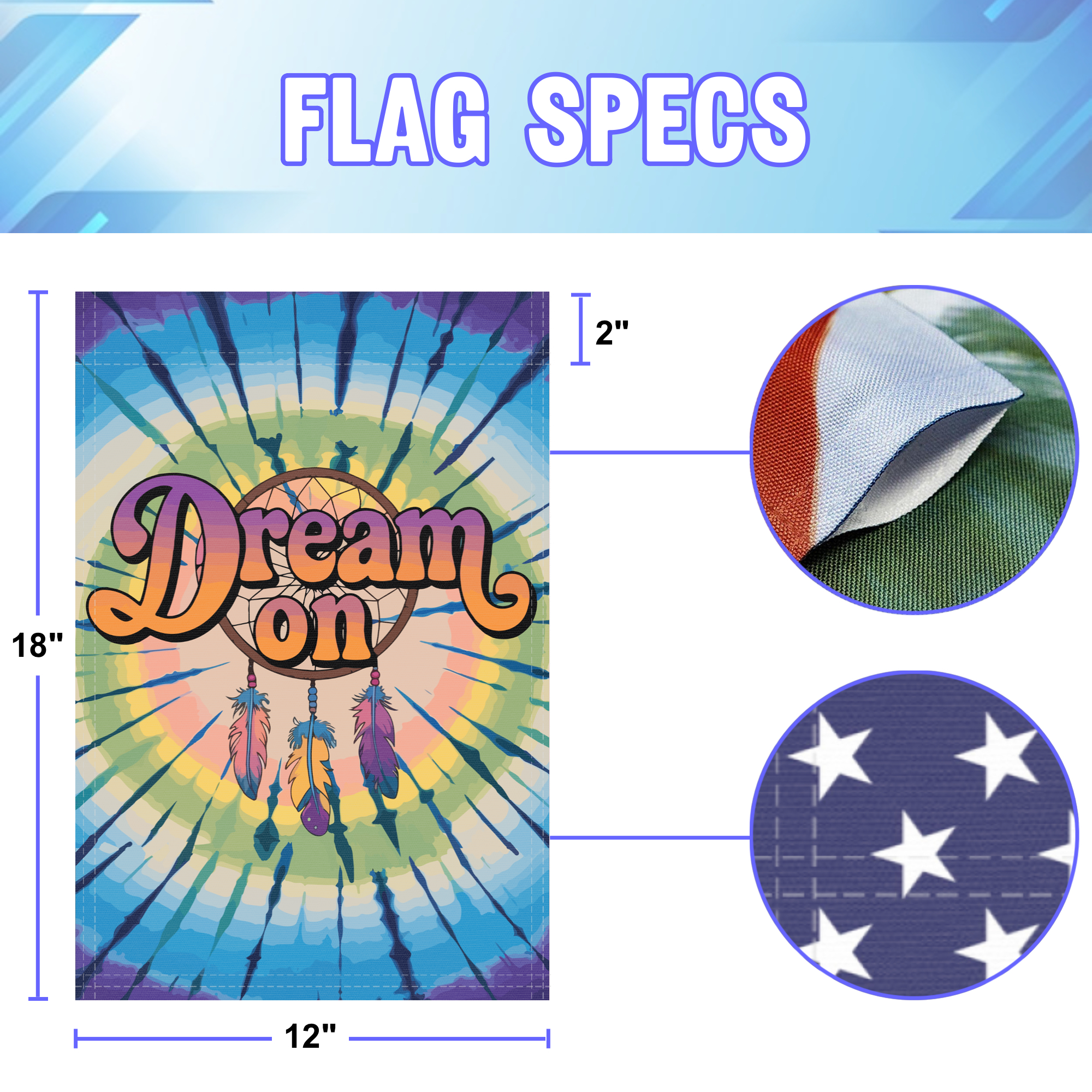 Día De Los Muertos garden flag size specifications, showing 12 inch width by 18 inch height and a 2 inch pole sleeve for a standard garden flagpole.