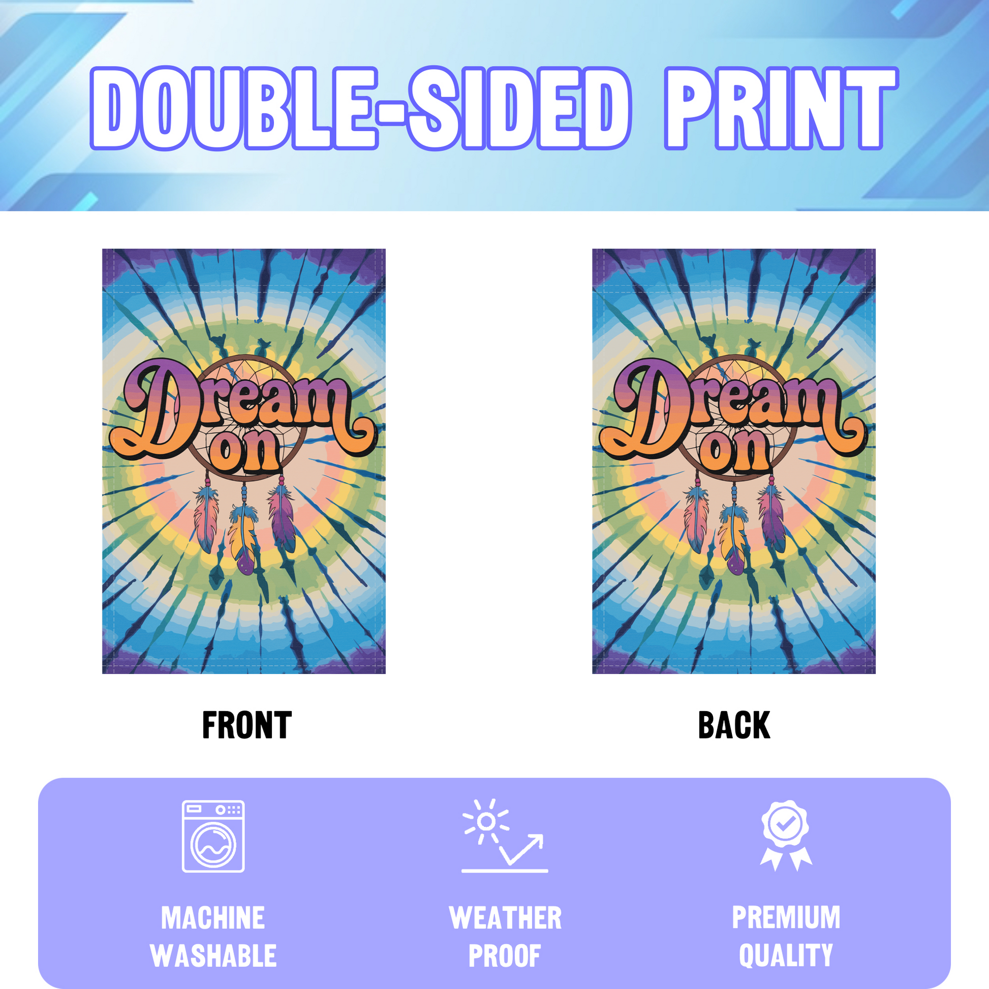 Día De Los Muertos garden flag displayed in an infographic, showing the double sided print and high quality characteristics | Bannerfi