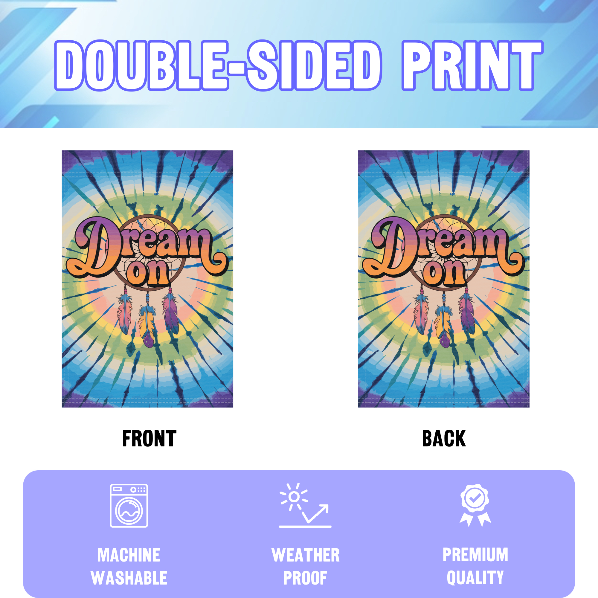Día De Los Muertos garden flag displayed in an infographic, showing the double sided print and high quality characteristics | Bannerfi