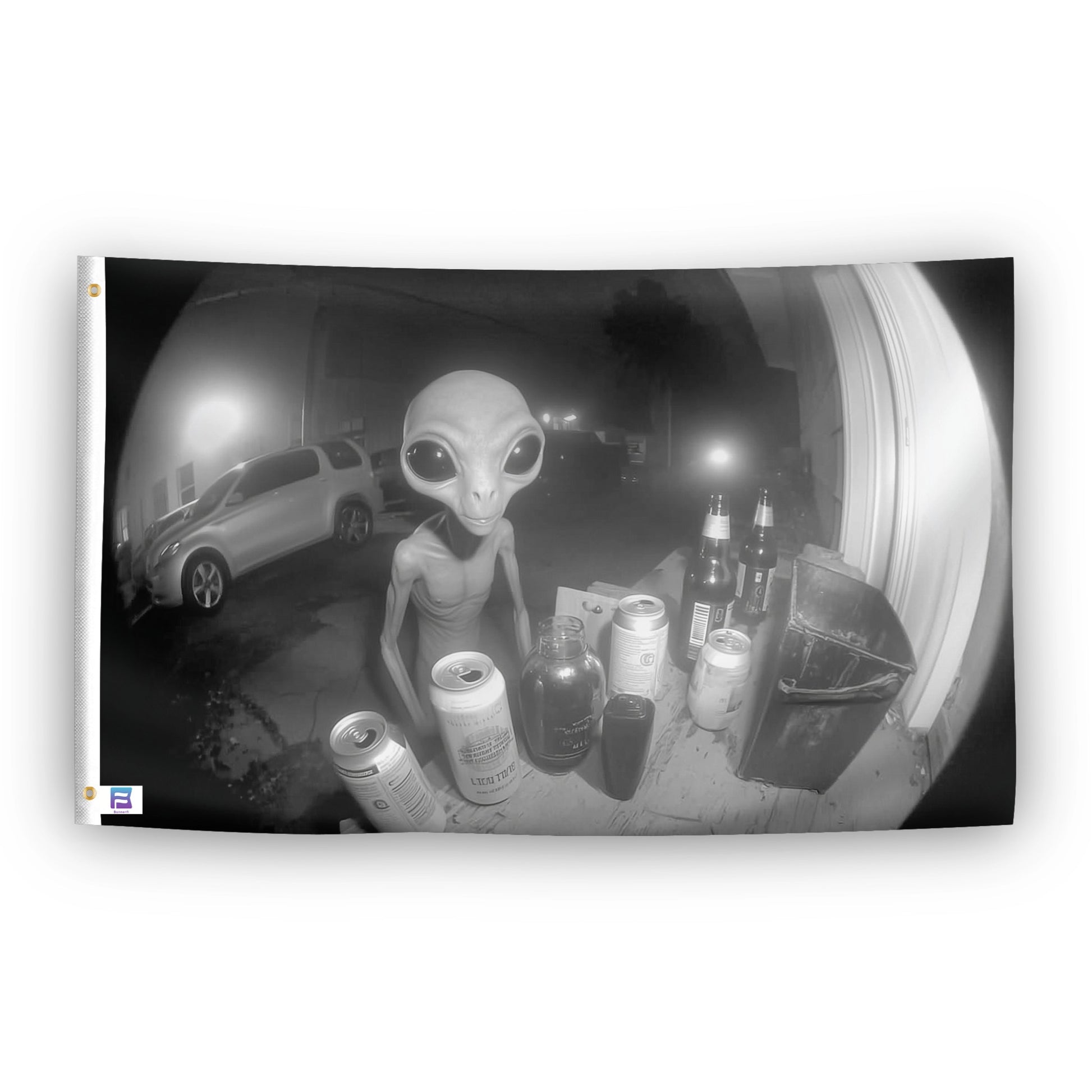 Drunk Alien Doorbell Cam flag – weatherproof polyester with brass grommets and canvas header | Bannerfi