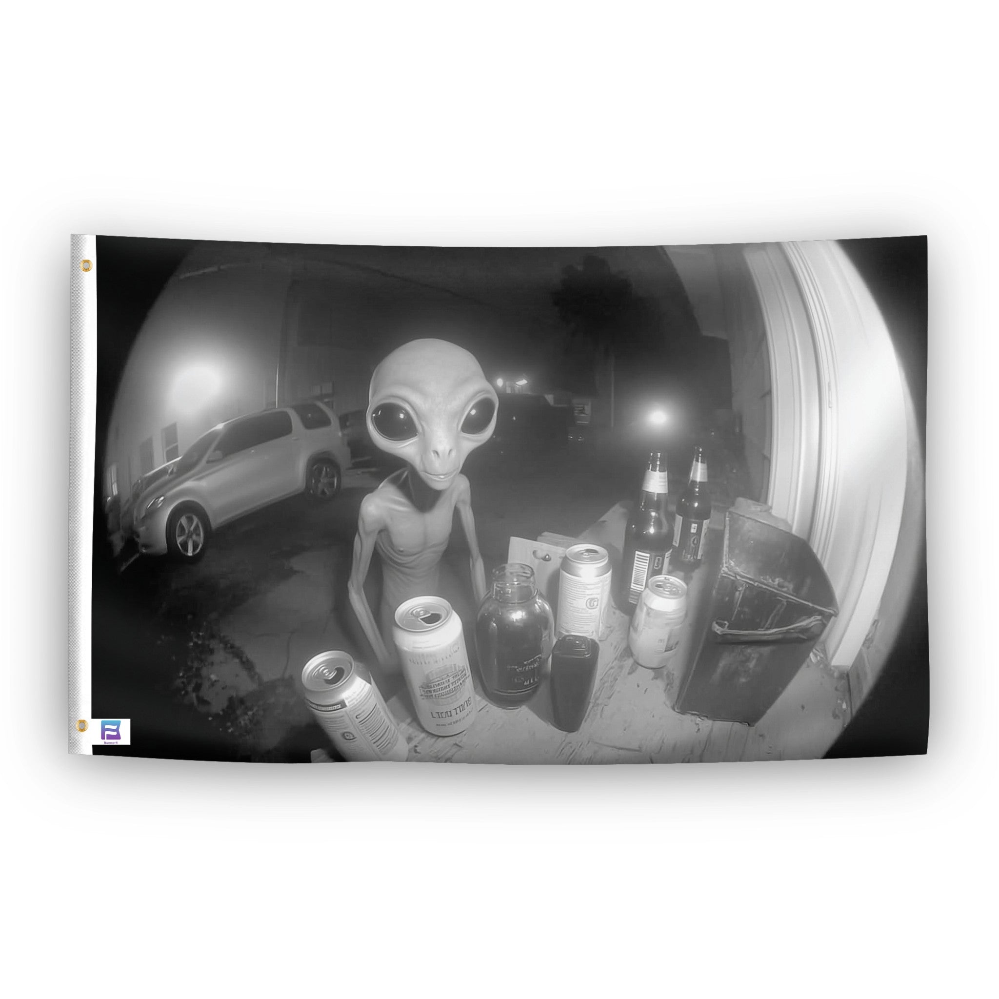 Drunk Alien Doorbell Cam flag – weatherproof polyester with brass grommets and canvas header | Bannerfi
