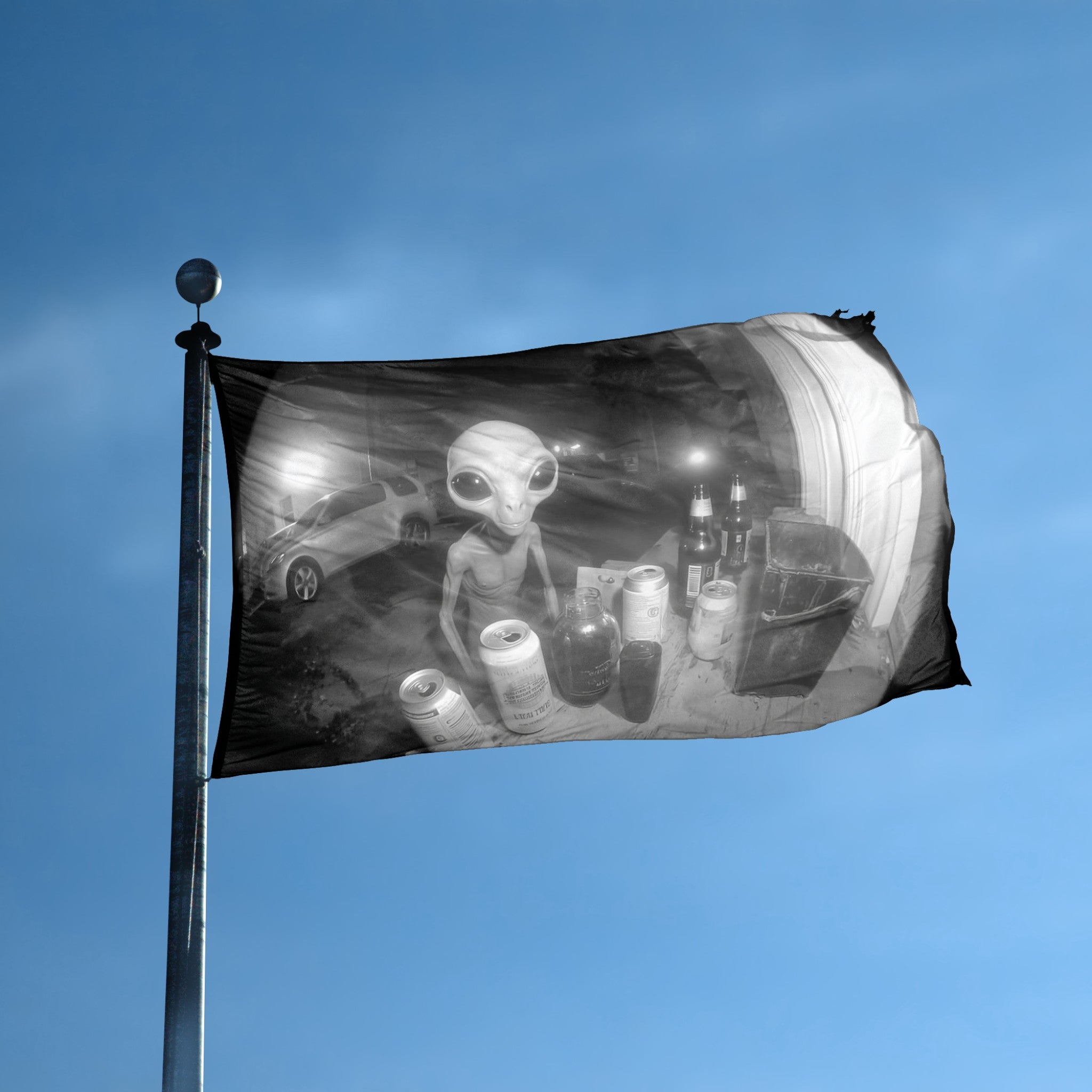 Drunk Alien Doorbell Cam flag displayed outdoors – weatherproof house banner on pole | Bannerfi