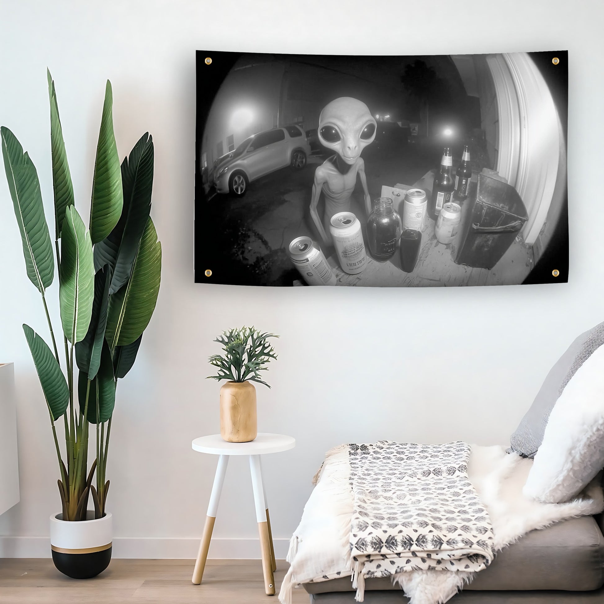 Drunk Alien Doorbell Cam flag as indoor wall art – versatile home décor | Bannerfi