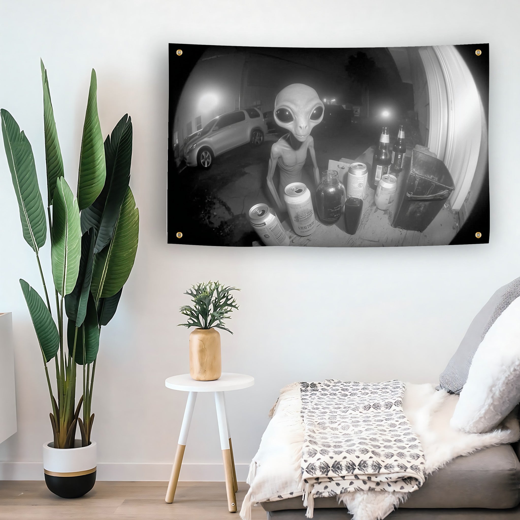 Drunk Alien Doorbell Cam flag as indoor wall art – versatile home décor | Bannerfi