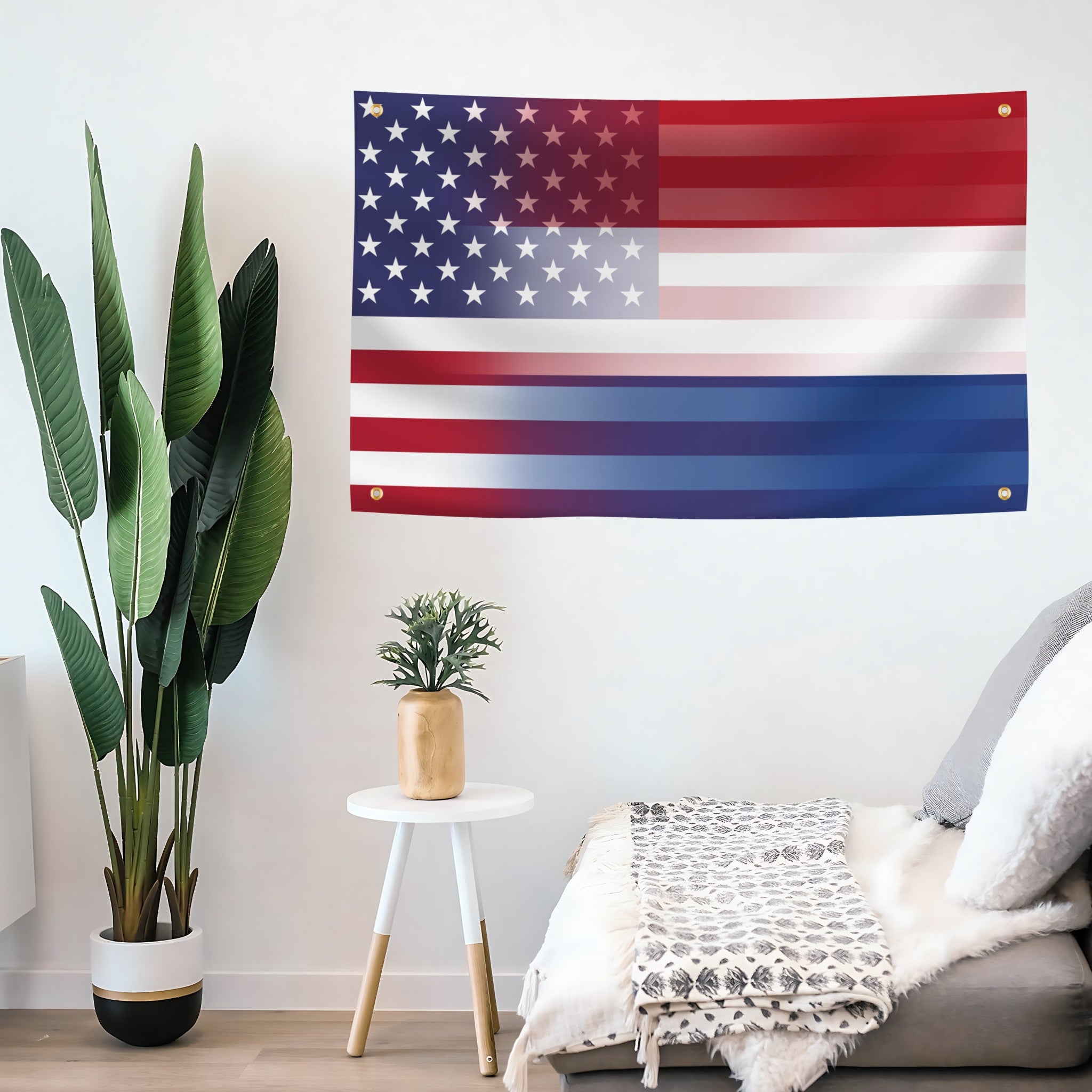 Dutch American Hybrid Flag banner on a living room wall - Bannerfi