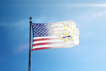 Load image into Gallery viewer, a flag flying in the wind with a blue sky in the background
