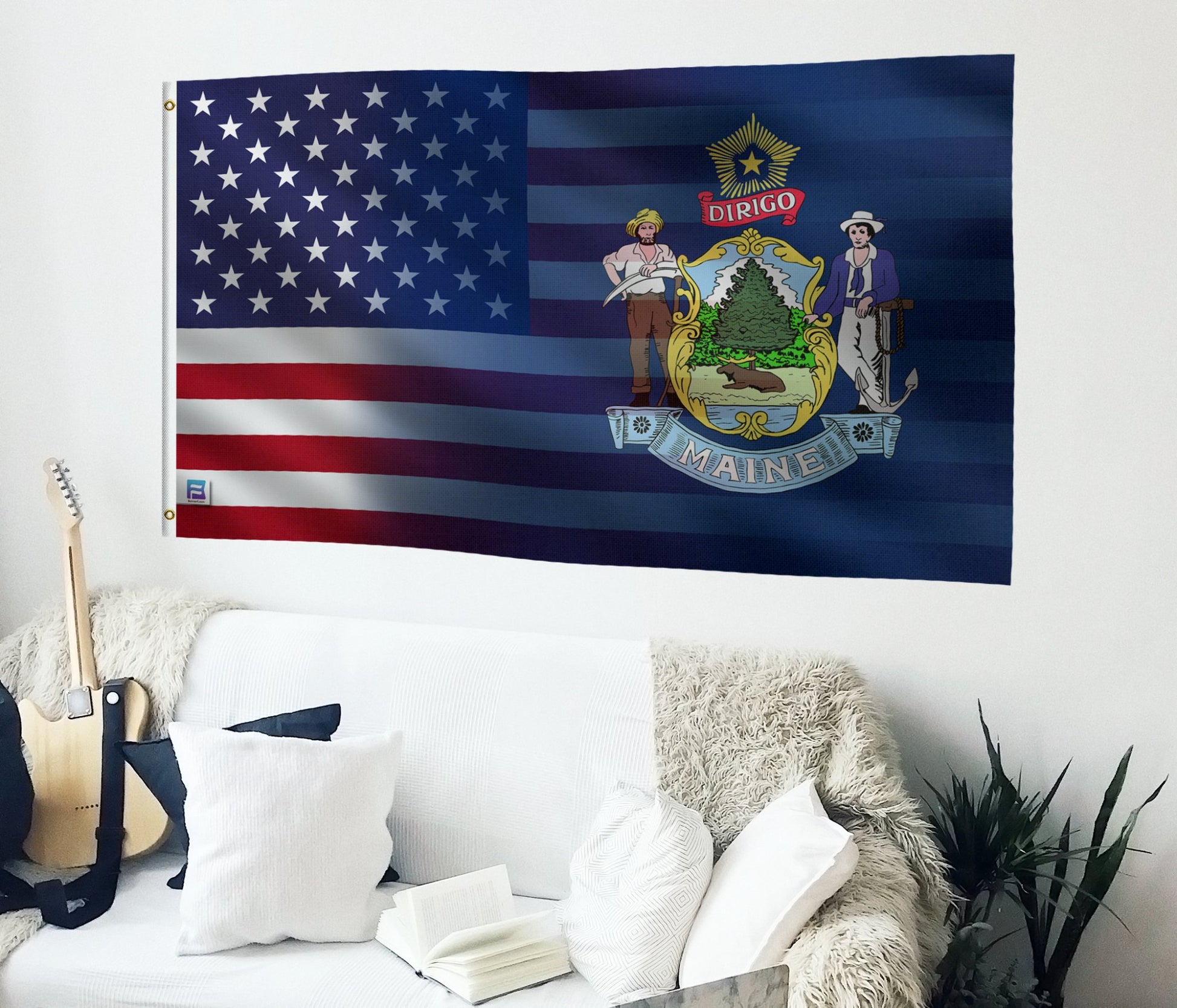 a flag hanging on the wall of a living room