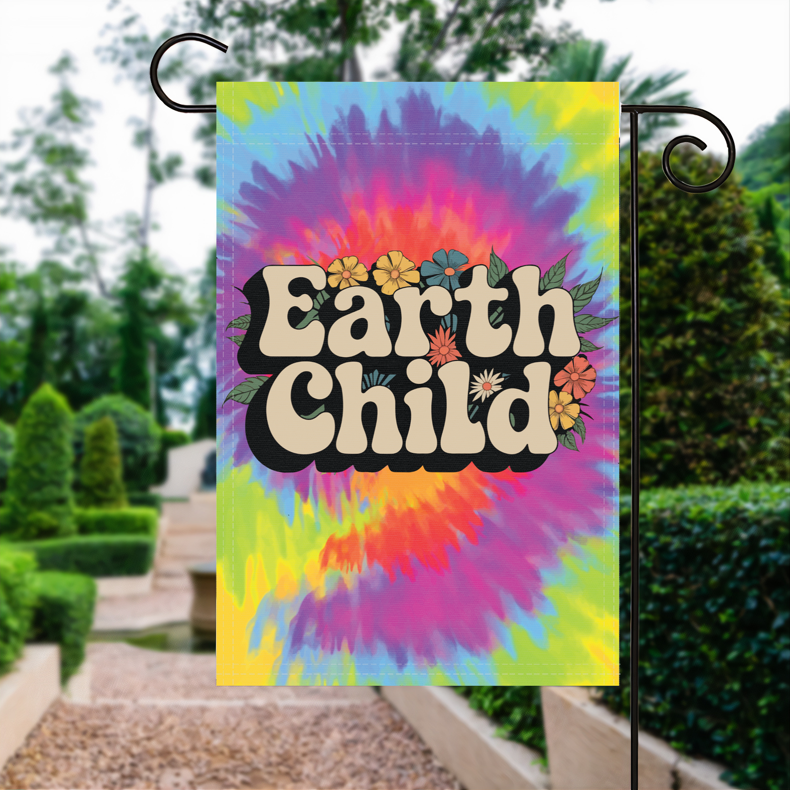 Earth Child garden flag made of weatherproof polyester displayed in a garden | Bannerfi