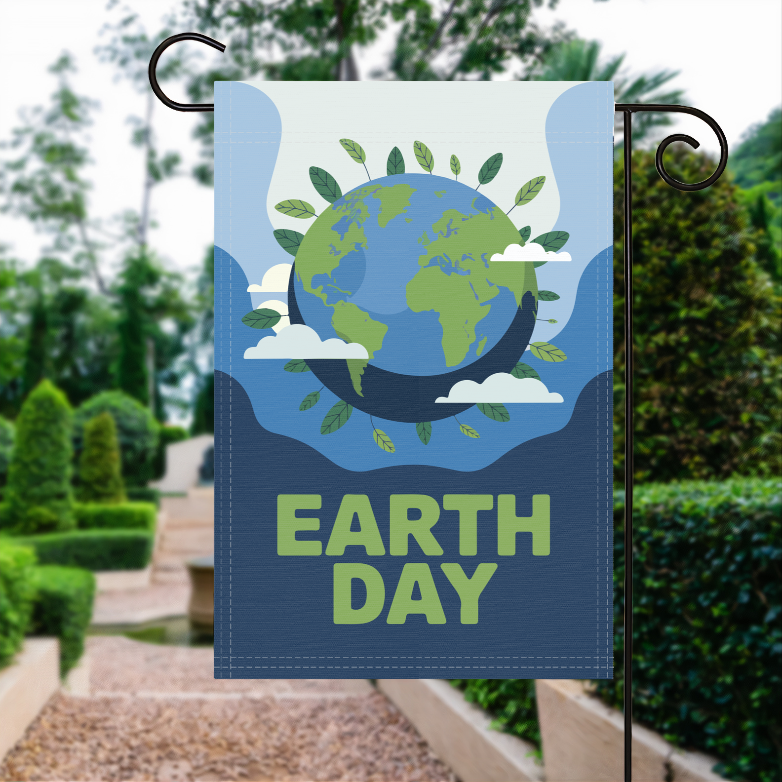 Earth Day garden flag made of weatherproof polyester displayed in a garden | Bannerfi