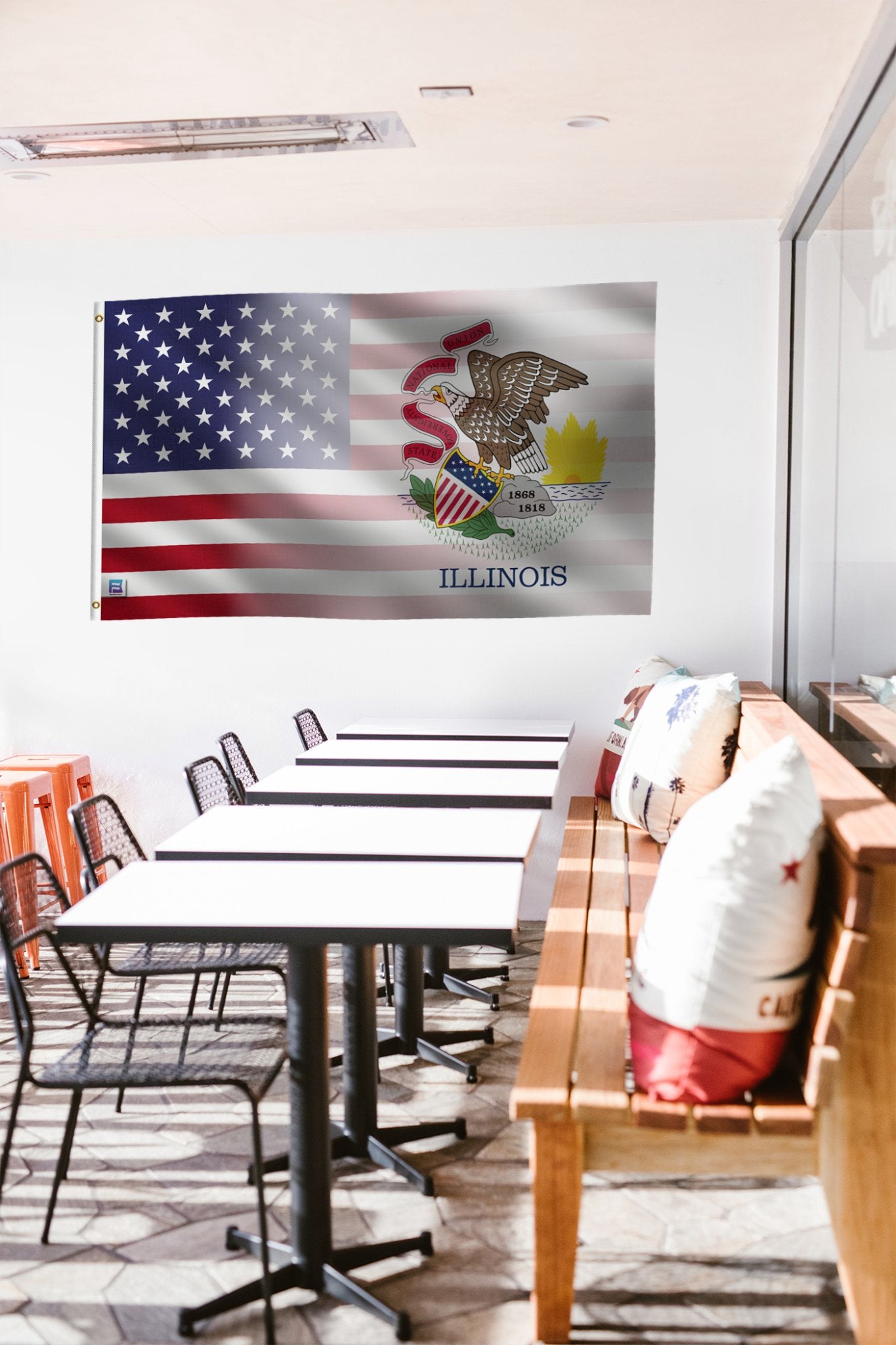 a room with a flag hanging on the wall