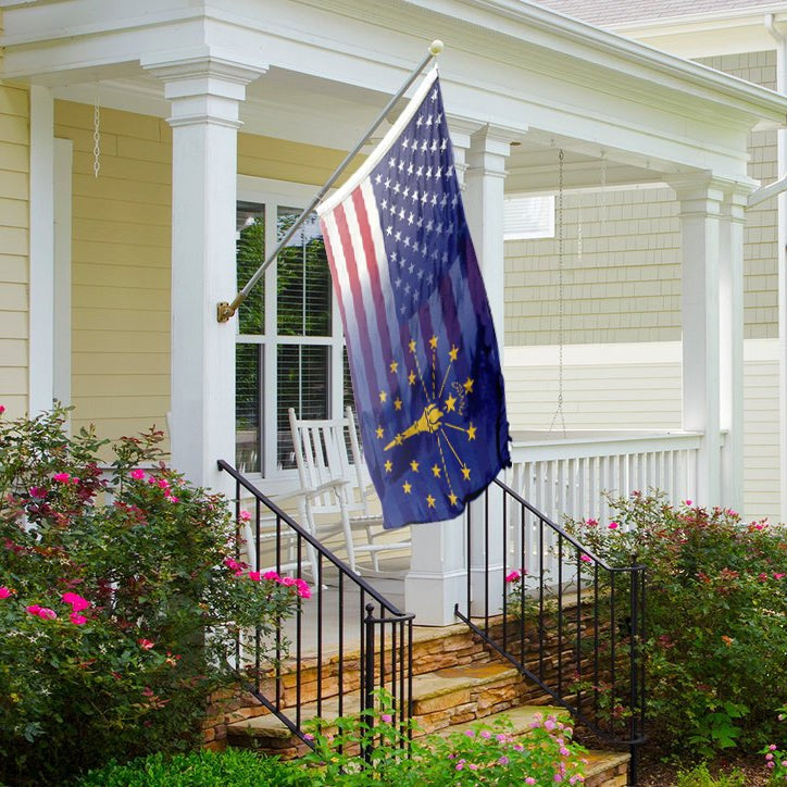 Flag of Indiana with American flag design blended together on a front porch. 